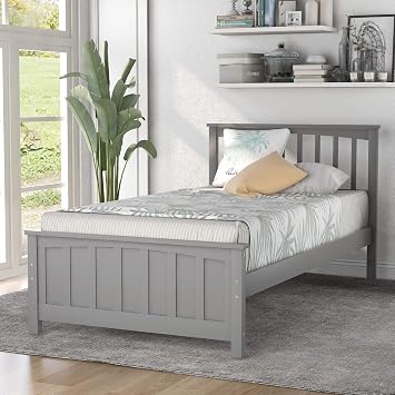 CITYLIGHT Twin Bed Frames for Kids,Wood Twin Size Platform Bed Frame with Headboard and Footboard, Kids Twin Bed Single Bed for Girls Boys,Grey