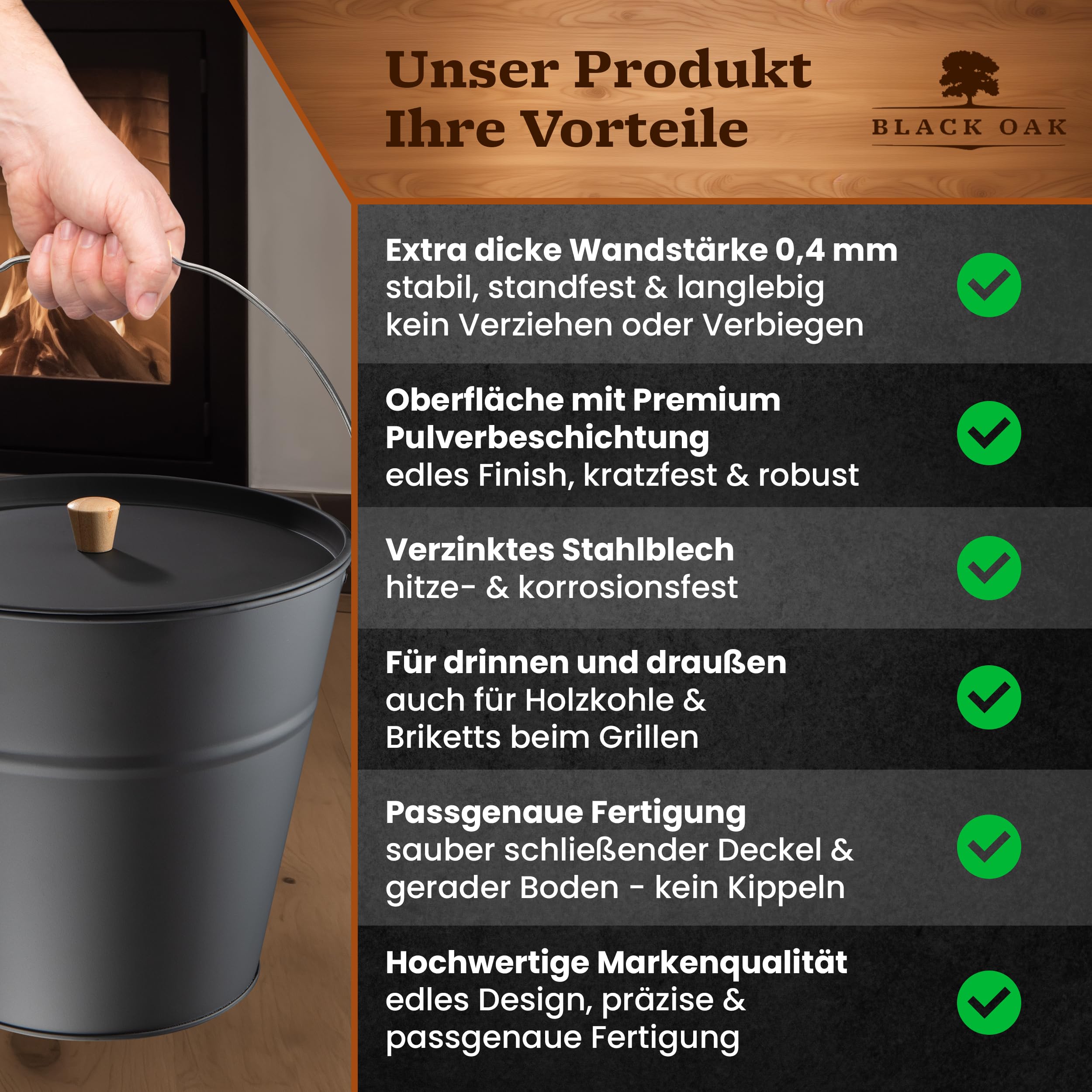 BLACK OAK Cubo de ceniza Fuego 10 l – negro con tapa con mango de madera + cepillo + pala y guantes – 10 l acero galvanizado y recubierto de polvo cubo para cenizas, carbón, pellets accesorios