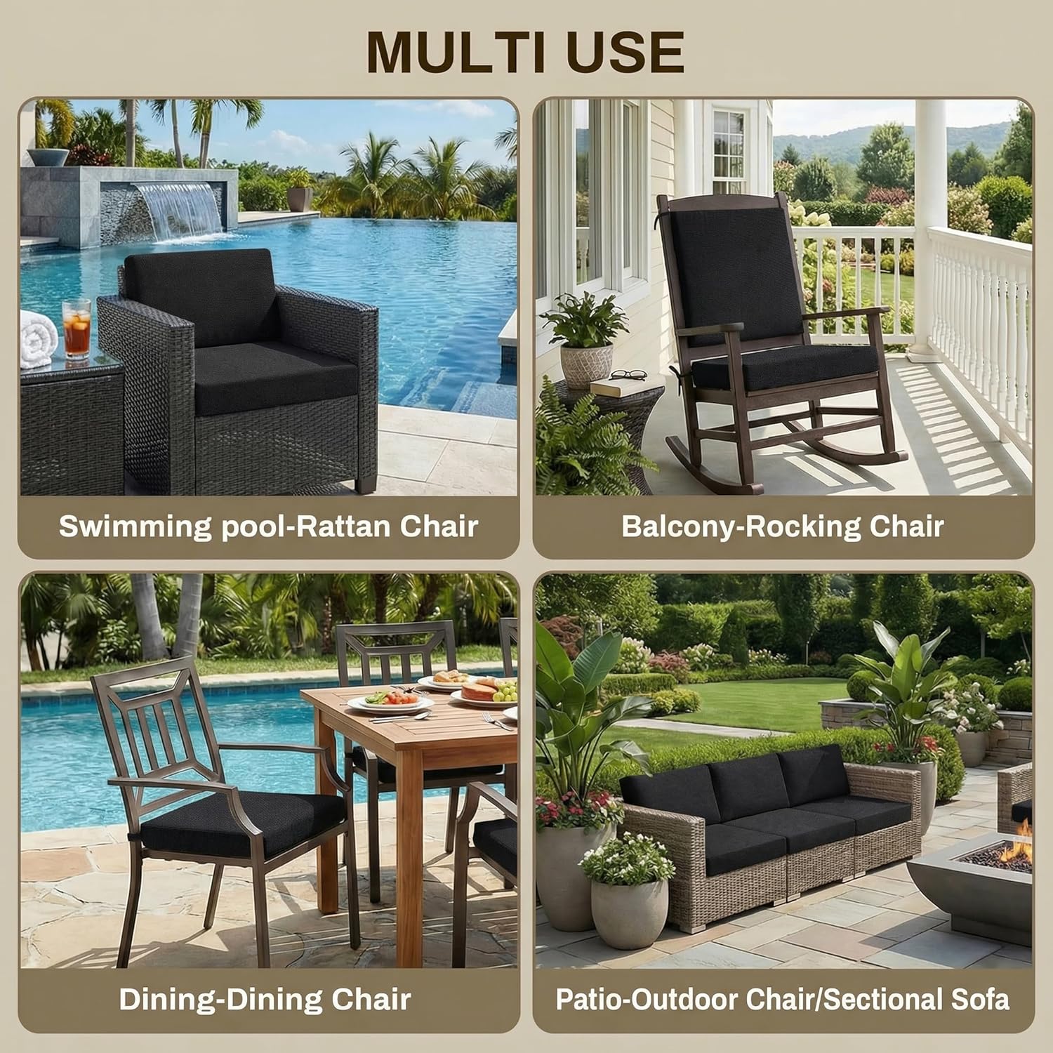 Loveboat Outdoor Chair Cushions Set of 2, 24 x 24 x 4 Patio Seat Cushions, Waterproof & All-Weather Fabric, Thick Replacement Seat Pads with Ties for Garden, Lawn, Porch Furniture, Black