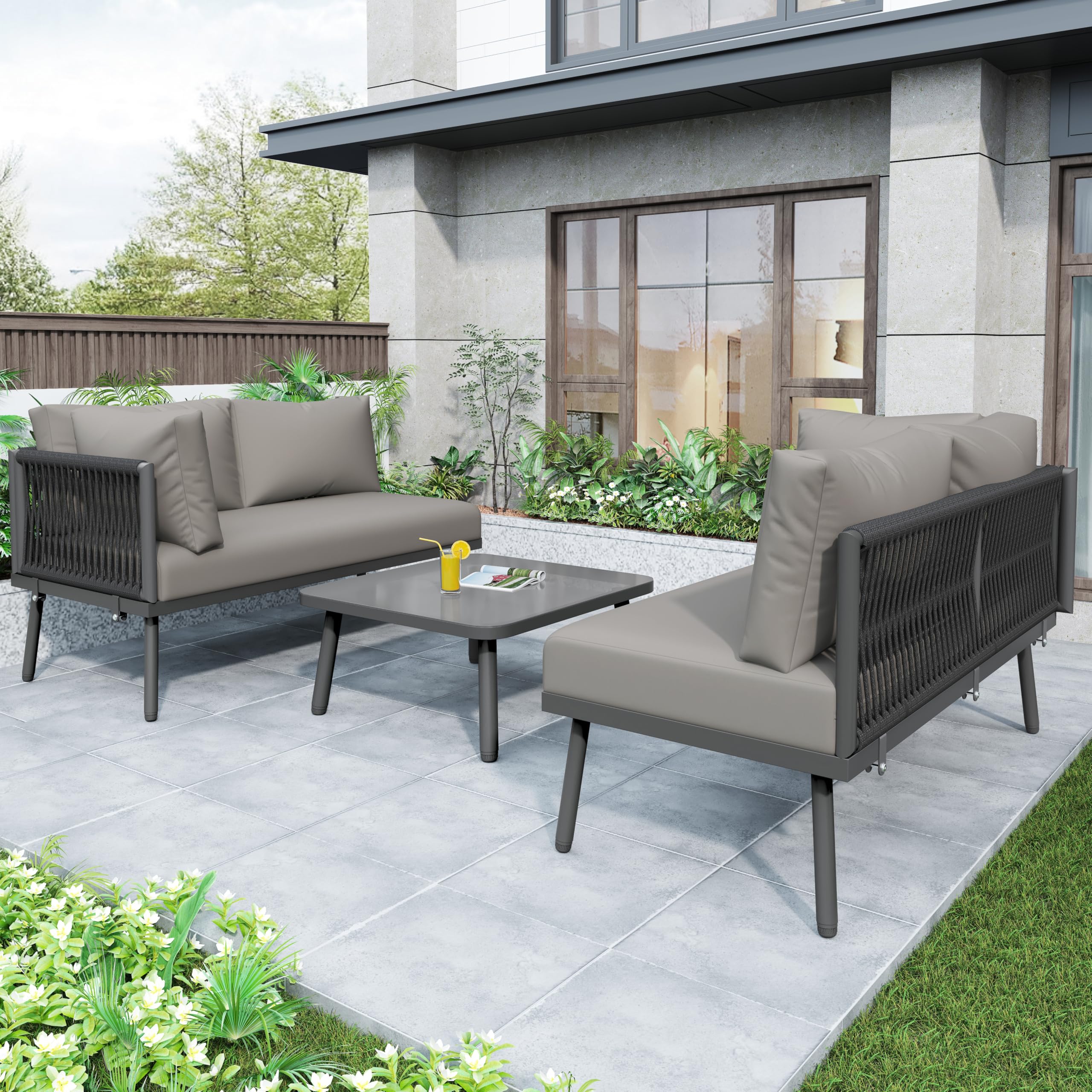 Zepneiy Ensemble de Meubles de Jardin en L, Ensemble de chaises Longues en Fer avec Coussins d'assise et Pieds réglables, 2 canapés et 1 Table, Gris (Coussins d'assise Inclus)