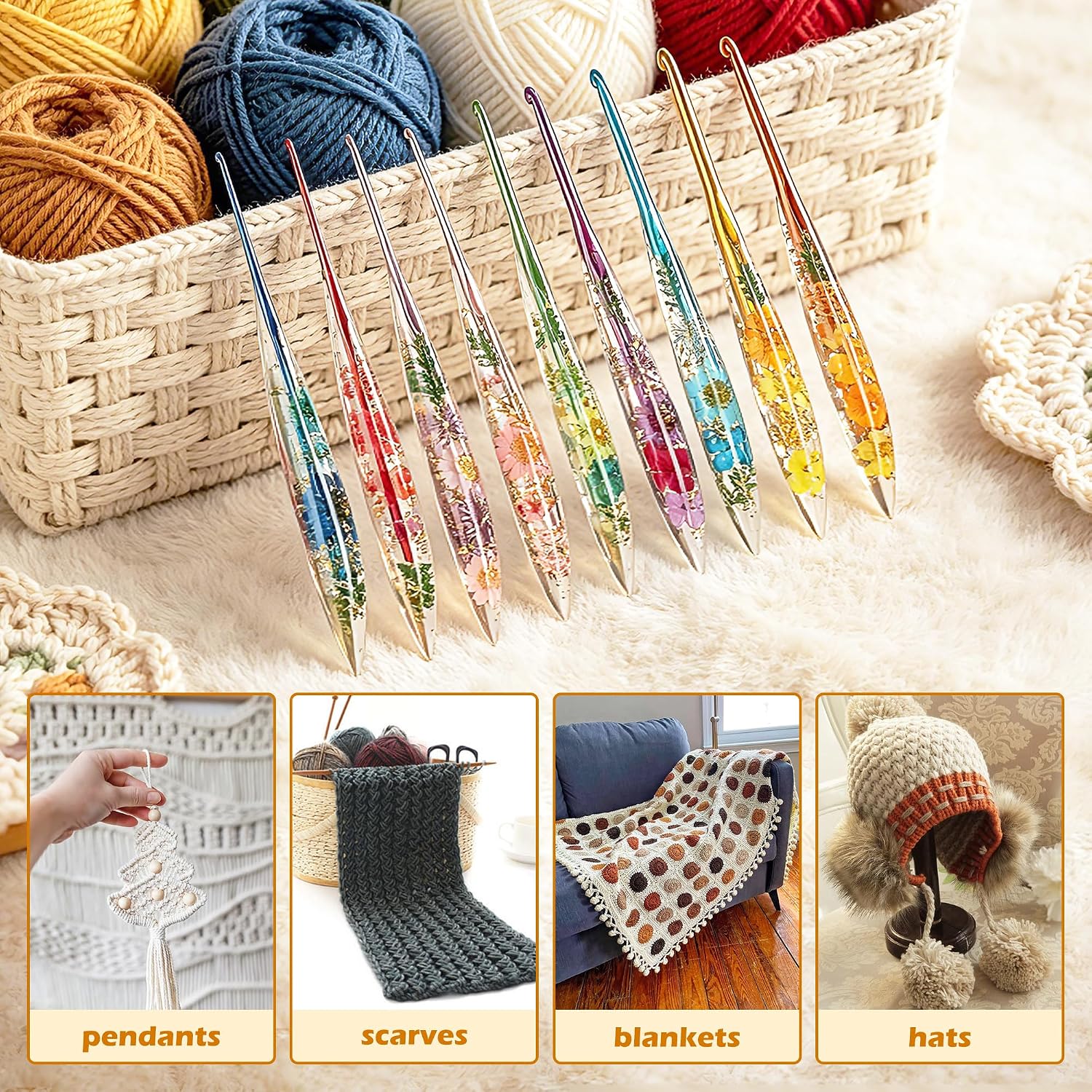 Coxyzoxy 9 Pcs Crochet Hook Set, Crochet Kit for Beginners Made of Epoxy Resin, 2.0mm-6.0mm Ergonomic Crochet Hooks, Perfect for Crocheting Blankets, Dolls, Shawls, Hats, and Scarves