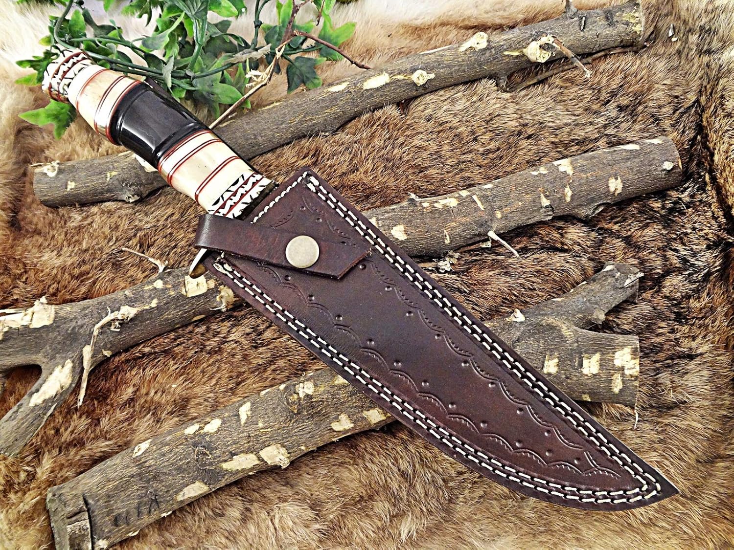 13.5" Long hand forged Damascus steel Hunting Knife, Camel bone, Bull horn and engraved brass round scale, Cow hide Leather sheath