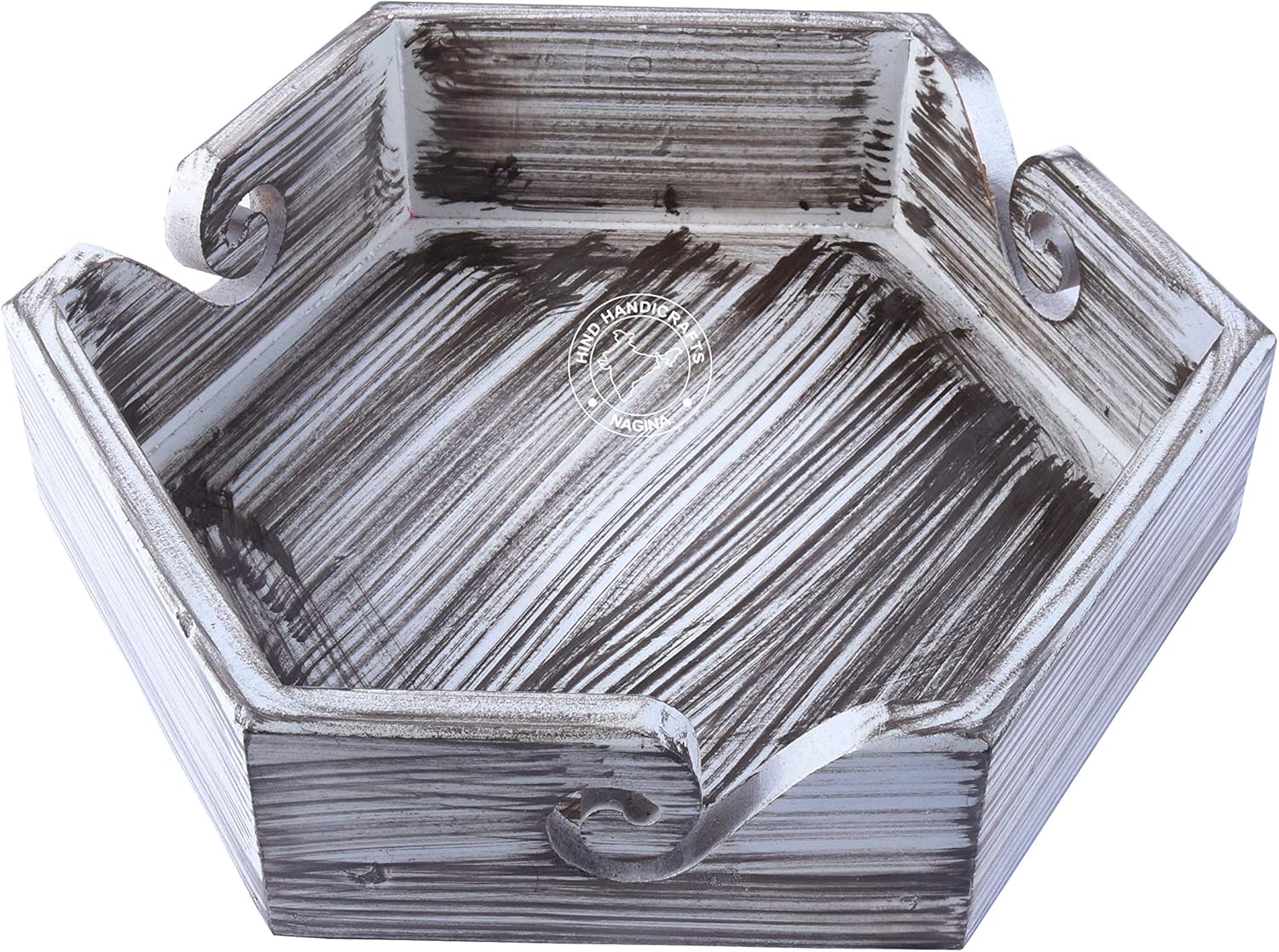 Hind Handicrafts Solid Dark Handmade Crafted Wooden Portable Antique Yarn Storage Bowl Tray - Holder for Knitting Crochet Hook Accessories - Multipurpose Organiser (Teak White, 10.5" x 11.5" x 2.5")