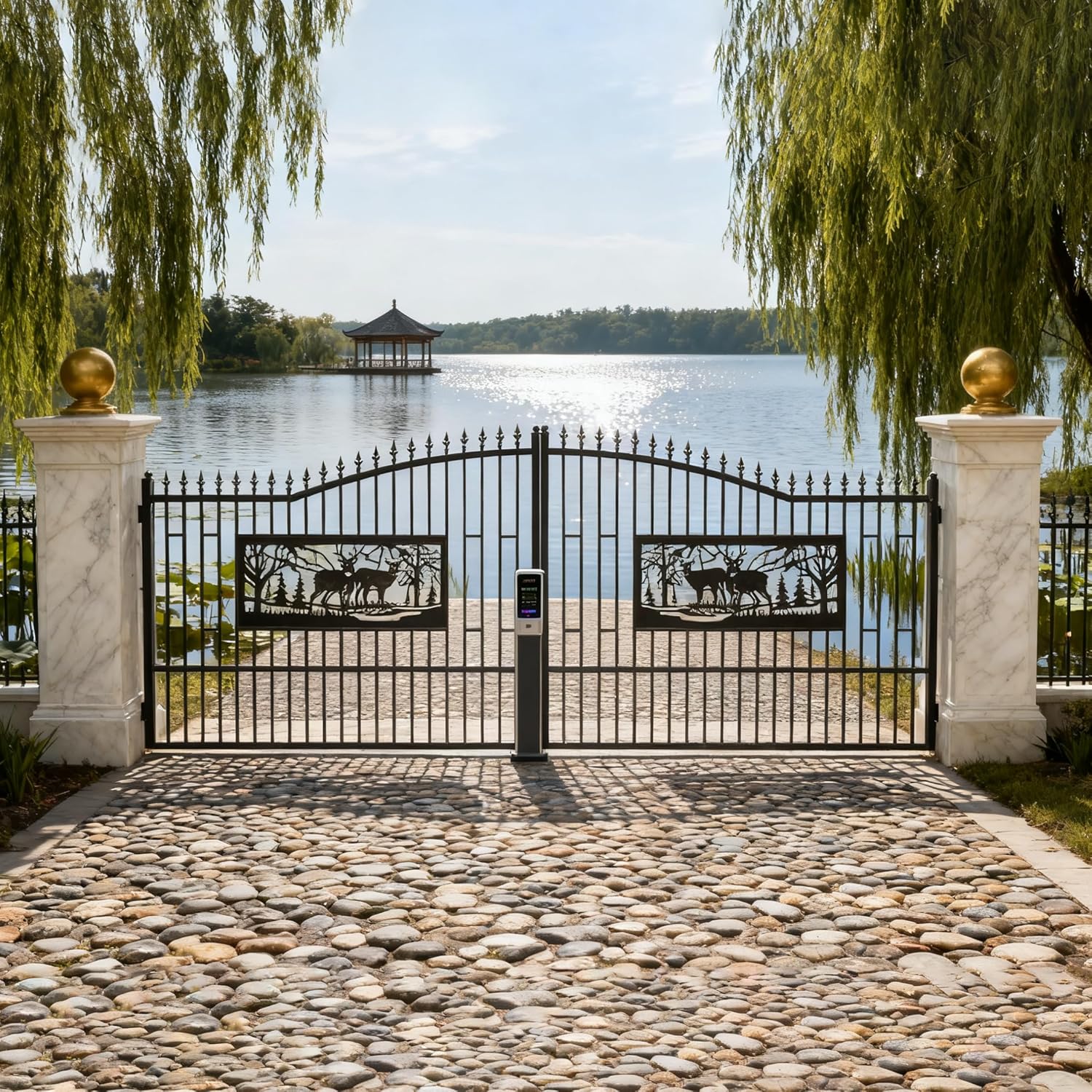 20x7 FT Double Swing Iron Driveway Gate, Galvanized Steel Bi-Parting Gate with Powder Coated Finish, Heavy Duty Metal Entrance Gate for Home, Ranch & Commercial Use, Opener Compatible