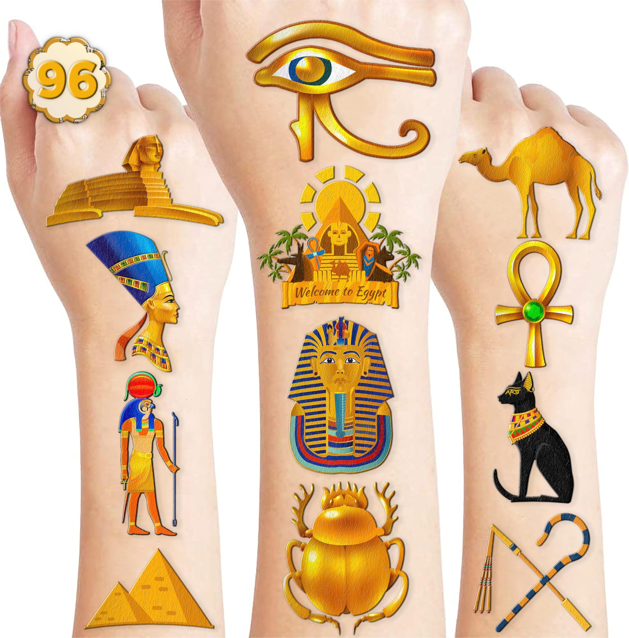 96PCS Ancient Egypt Egyptian Pre-Cut Temporary Tattoos Theme Birthday Party Decorations Favors Supplies Decor Pharaoh Sphinx Pyramid Stickers Gifts For Kids School History Project