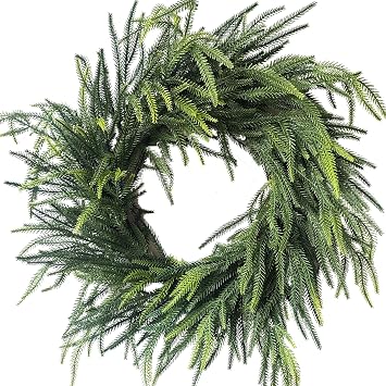 24" Real Touch Norfolk Pine Christmas Wreath, Artificial Faux Evergreen Wreath, Realistic Winter Wreath Greenery Decoration for Front Door Window Home Wall Farmhouse Holiday Outdoor Indoor Decor