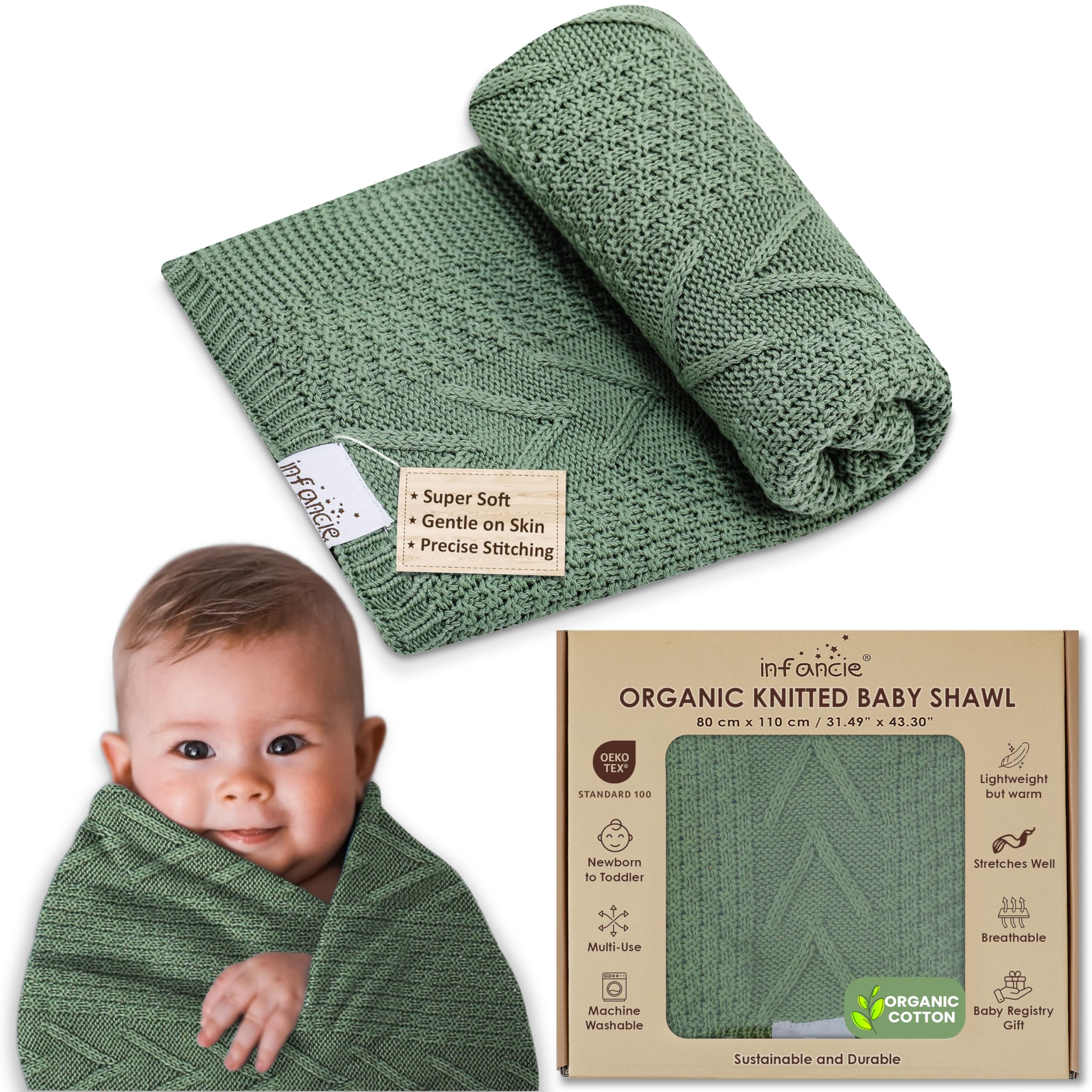Infancie Organic Knitted Shawl Baby Blanket - Soft & Warm Blanket for Babies - Perfect Travel Blanket for Outdoor Use - Long Lasting and Comfortable Baby Blanket 80 x 110 cm - Olive Green