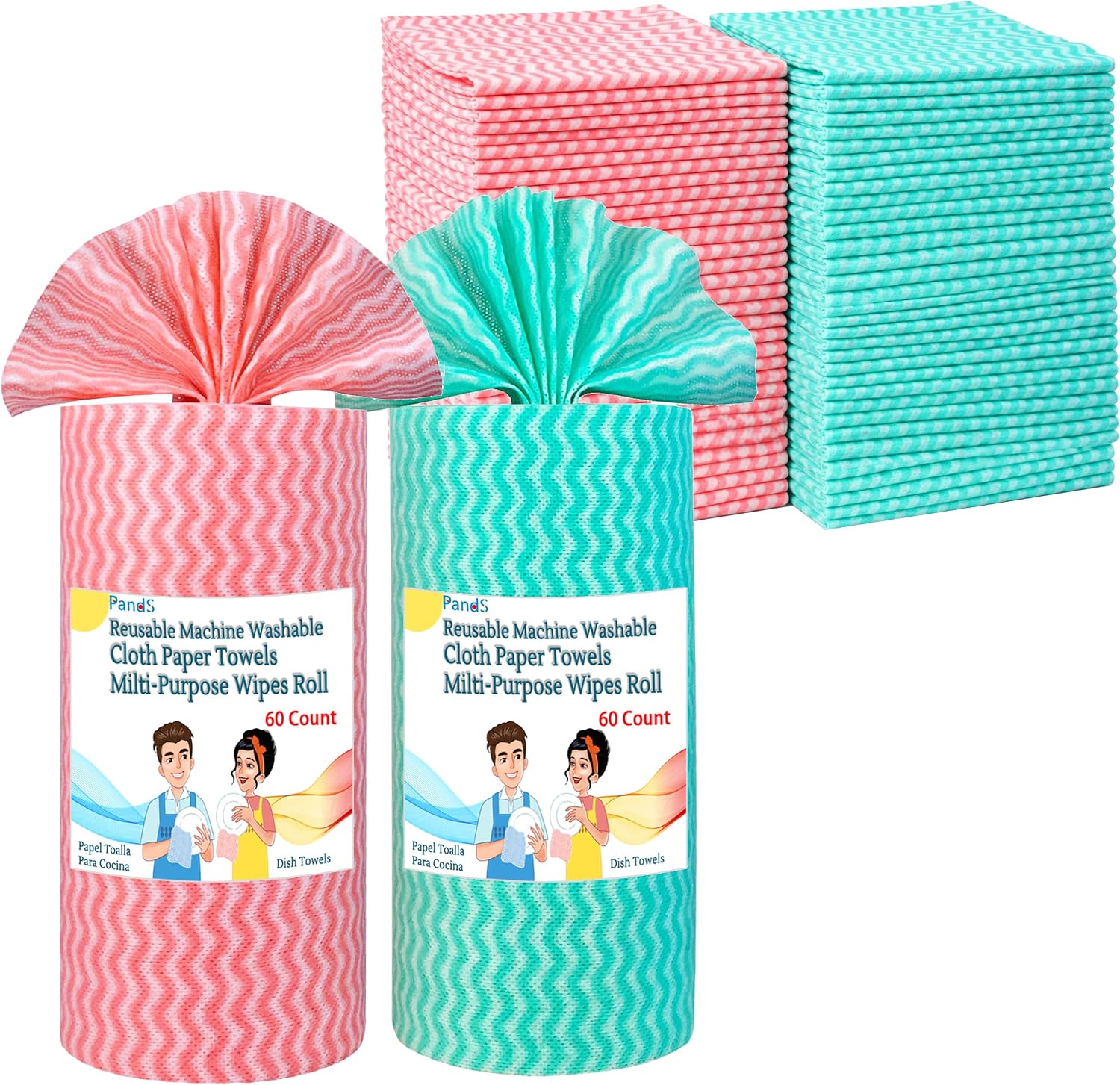 Reusable Paper Towels Washable, 60 Ct/Roll, 2 Pack, Disposable Dish Cloths for Kitchen, Zero Waste Paperless, Odor Free Cleaning Wipes