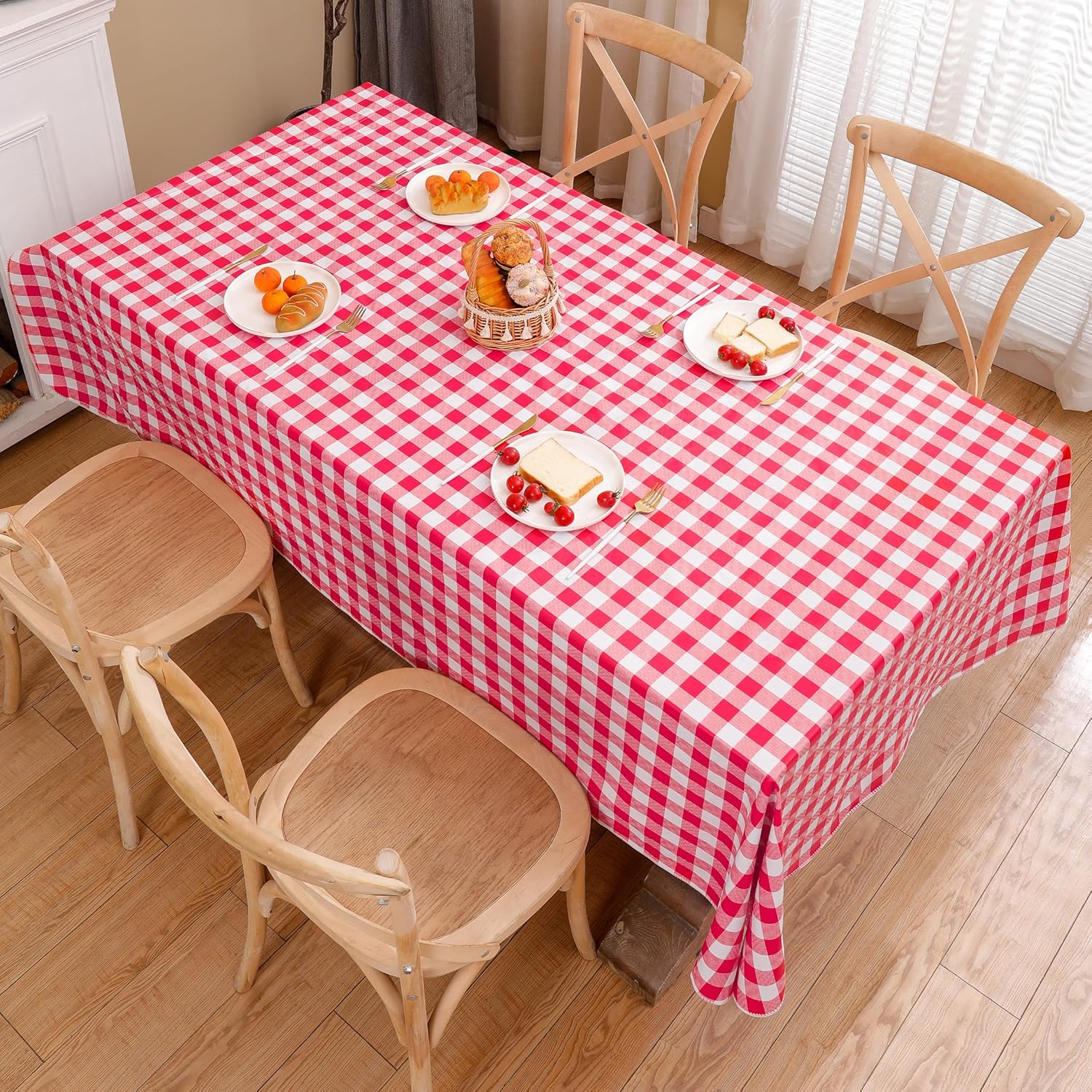 Heavy Duty Vinyl Tablecloth with Flannel Backing Waterproof Oil-Proof Plastic Table Cloth Stain-Resistant Wipeable Rectangle or Square Table Cover for Indoor and Outdoor (Red Checkered, 54x54 Inch) - Image 2