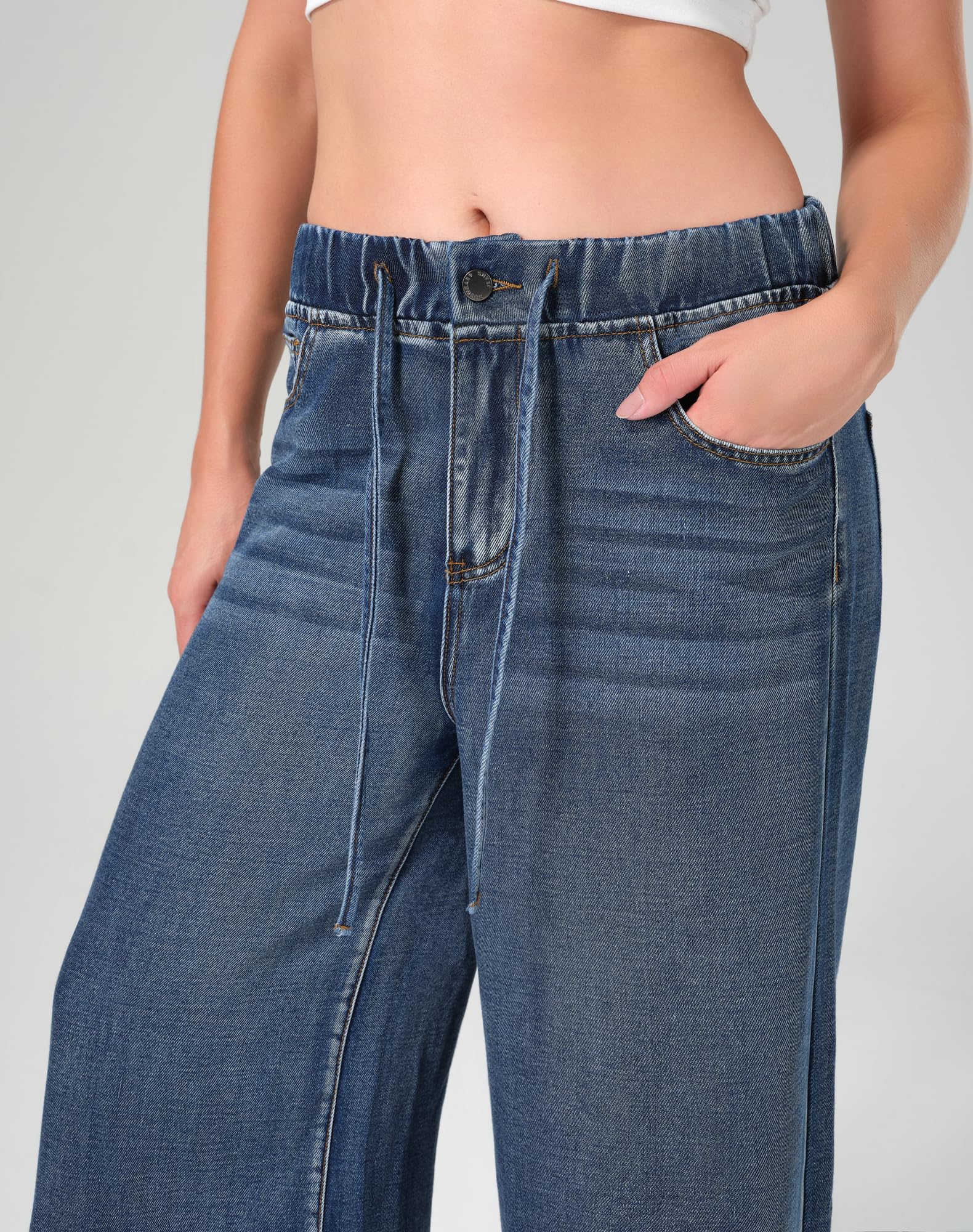 roswear Women's Wide Leg Jeans Sweatpants Elastic Waist with Drawstring Baggy Loose Fit Pants