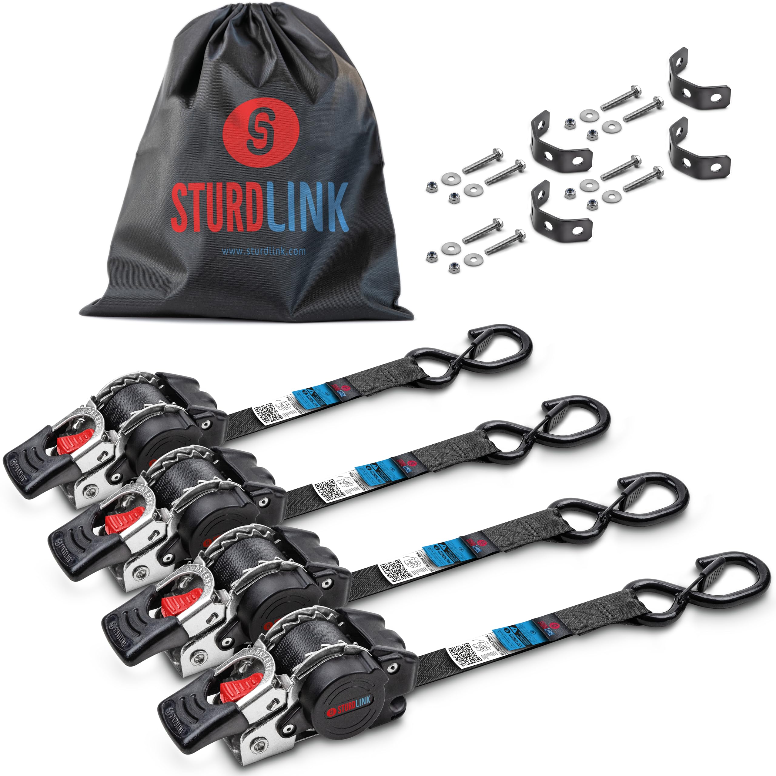 Cinghie a Cricchetto Autoavvolgenti da Fissare in Inox 1,8m x 25mm con un solo Gancio S e Fermo di Sicurezza | Capacità 300kg/600kg | Cinghia Retrattile con Impugnatura Ergonomica | Set da 4 con Borsa