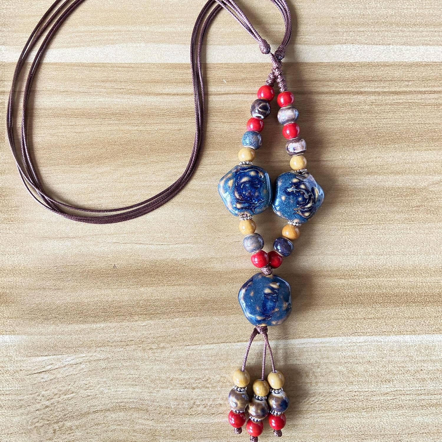 Boho Hippie Colorful Chunky Ceramic Beads Strand Necklace for Women, Vintage Bohemian O Ring Circle Charm Long Y Necklace Statement Jewelry Gift - Image 2