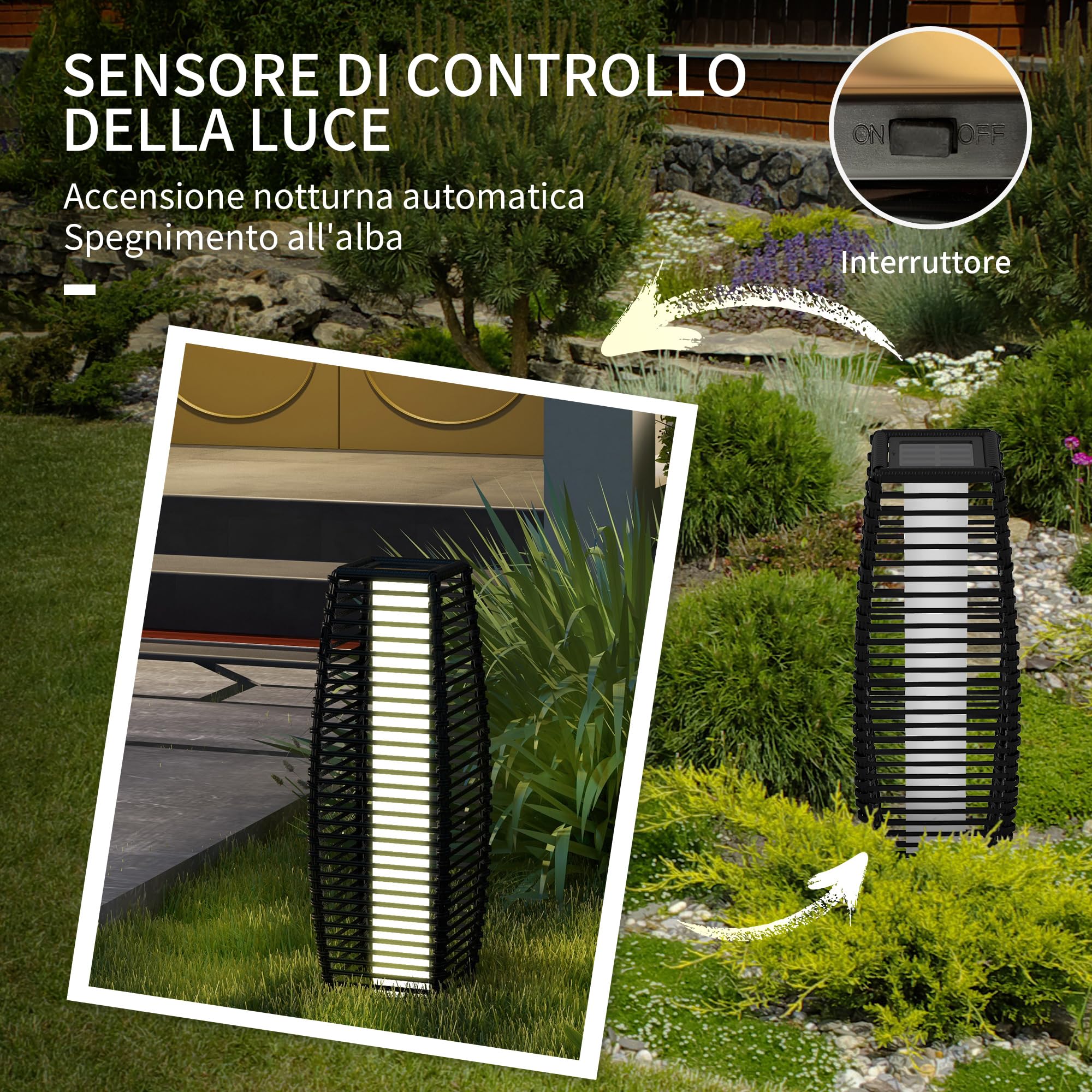 Outsunny Lampada Solare da Giardino Acciaio Rattan 20x20x68 cm Nero | Con Pannello di Ricarica