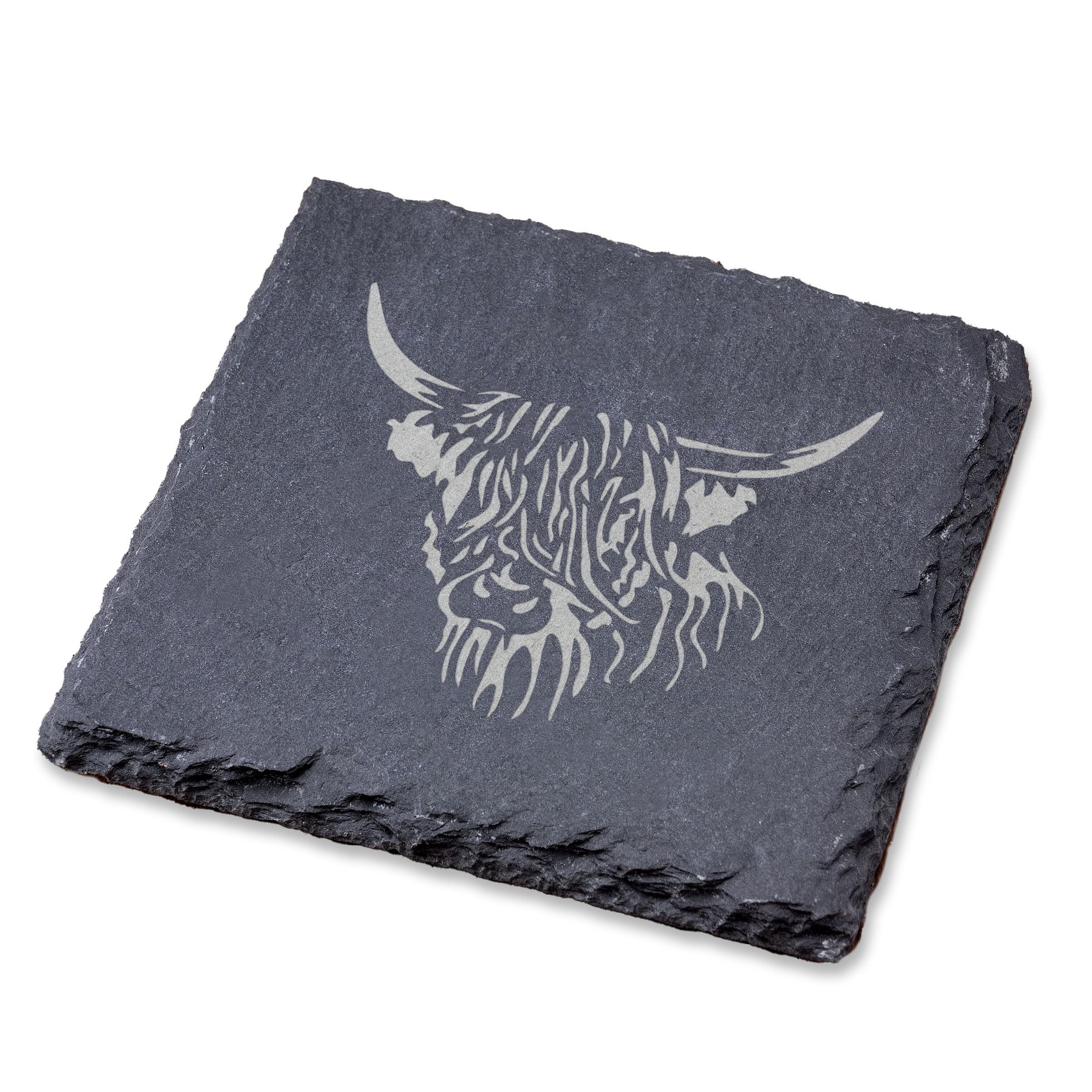 A1 Graphics Ltd Grey Highland Cow Slate Coaster, Shabby Chic, Laser Engraved, Gift, Wedding, Birthday, Anniversary, Christmas (Square)