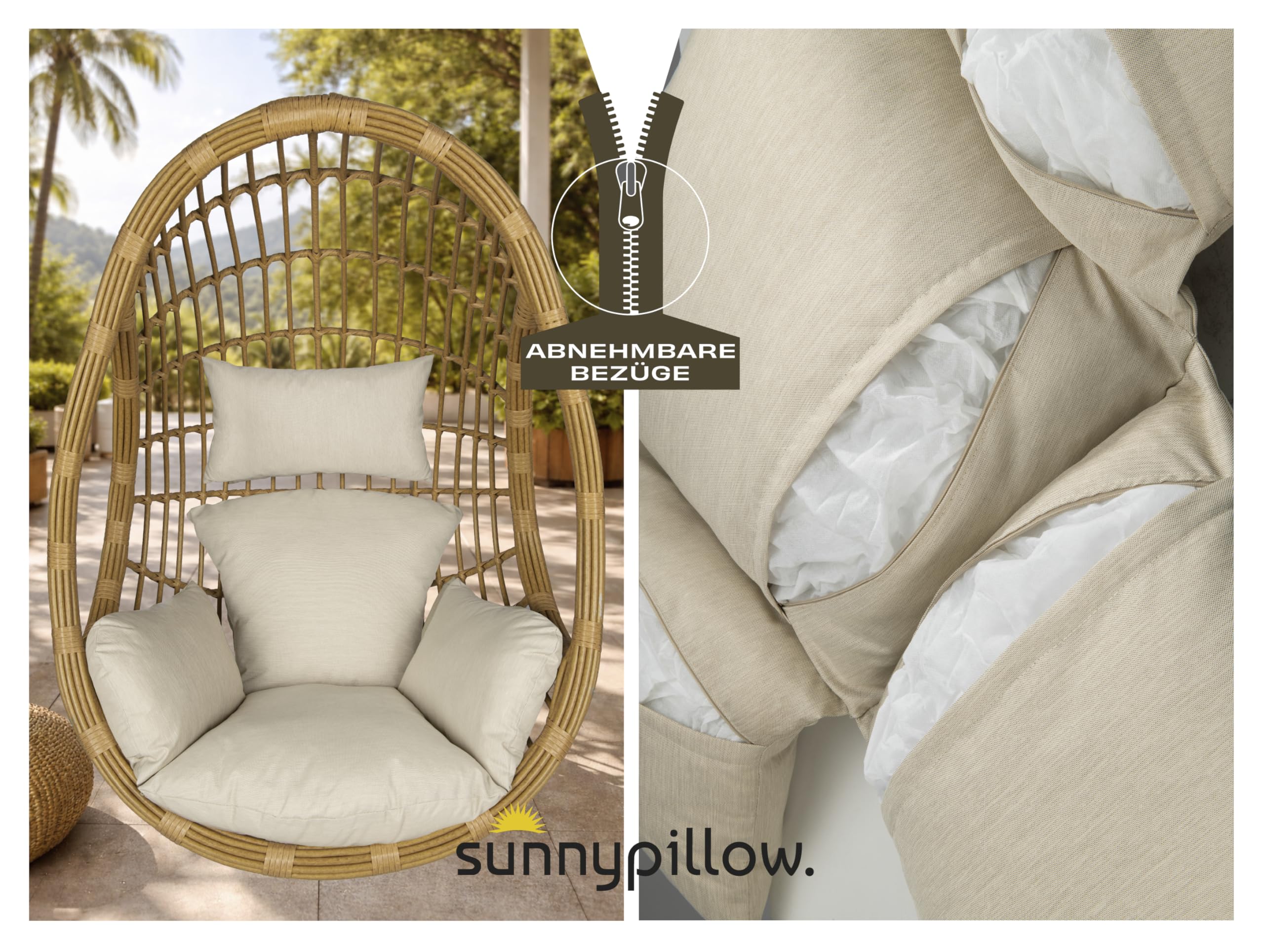 sunnypillow Hängesessel Kissen, Auflage für Rattan & Polyrattan, Creme
