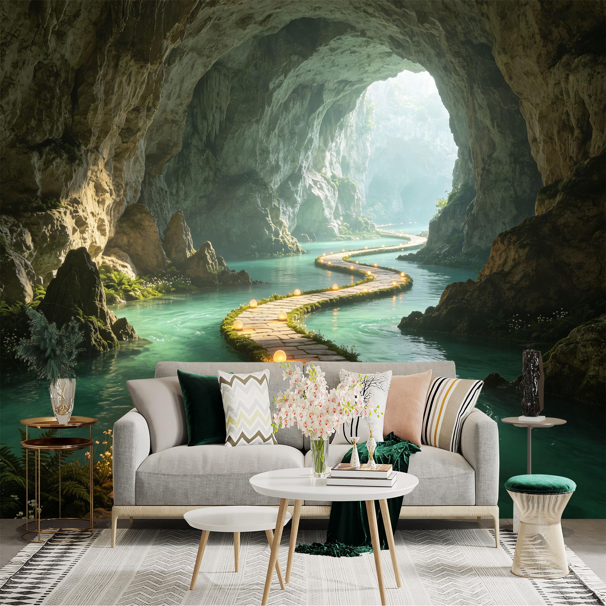 Custom Size Wall Sticker Mural， Mysterious Limestone Cave， Glowing Stone Path， Serene Underground River， Magical Nature Landscape， for wall Decoration， peelandstick wall Decals.