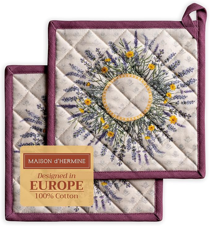 Maison d'Hermine Pot Holders 100% Cotton Set of 2 Pot Holders 8" x 8" with Loop Heat Resistant Grilling Microwave Barbeque Handling Hot Pans - Easter Decorations Spring/Summer (Fleurs De Mai)
