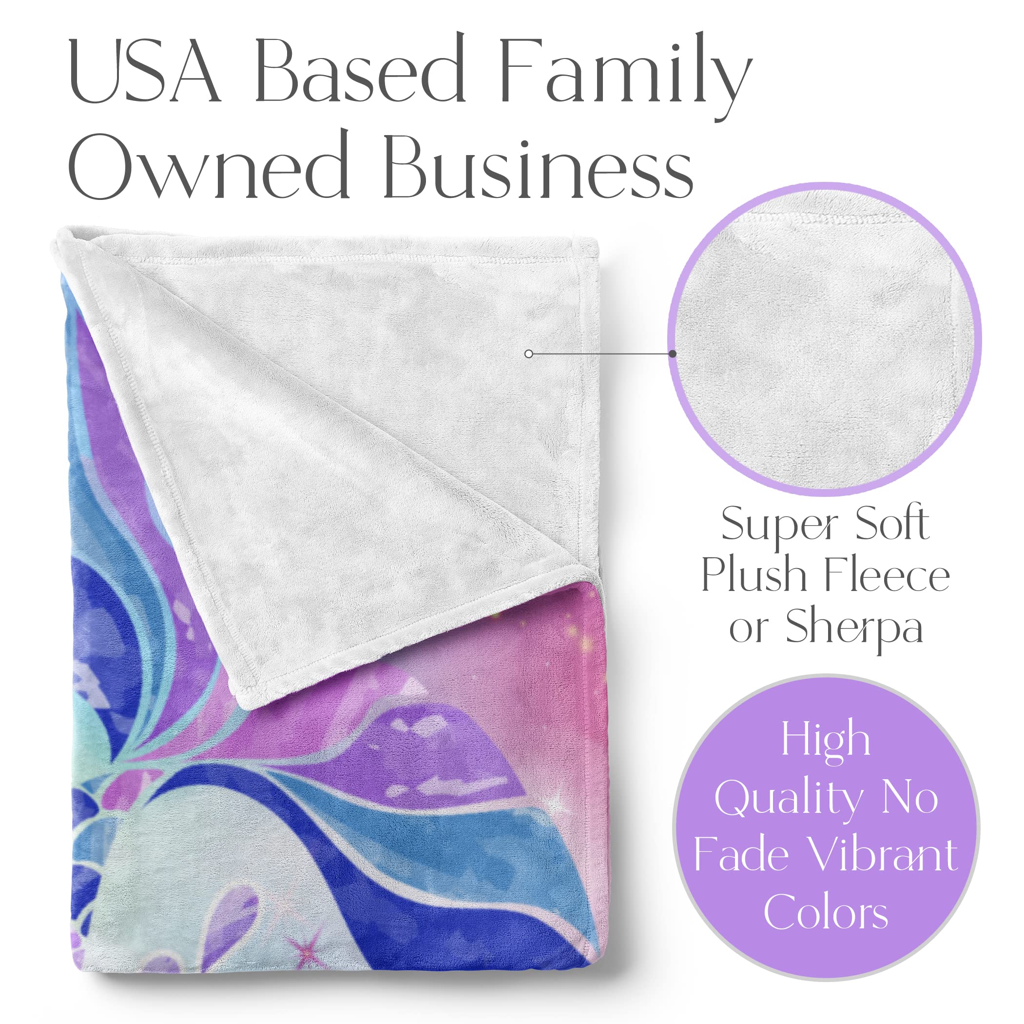 Personalized Mermaid Fleece Blanket - Ships Next Day, Made in USA - Custom, Soft, & Plush, Couch Bed Throw for Kids, Girls Bedroom Décor, Pink & Purple (Fleece – 30x40)