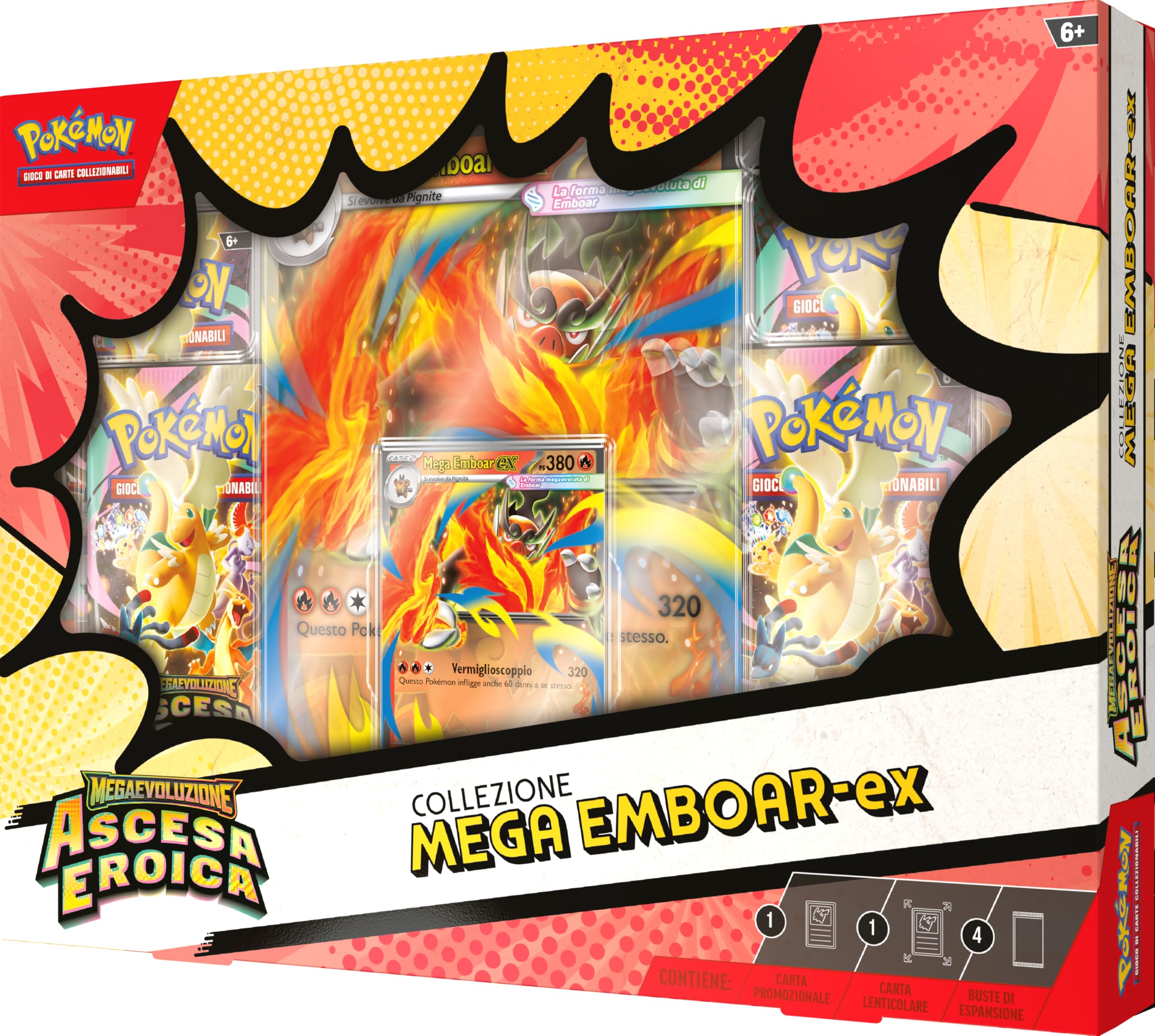 Pokémon: collezione Mega Emboar-ex dell’espansione Megaevoluzione - Ascesa Eroica del GCC Pokémon (una carta promozionale olografica, una carta lenticolare gigante e quattro buste di espansione) - 5