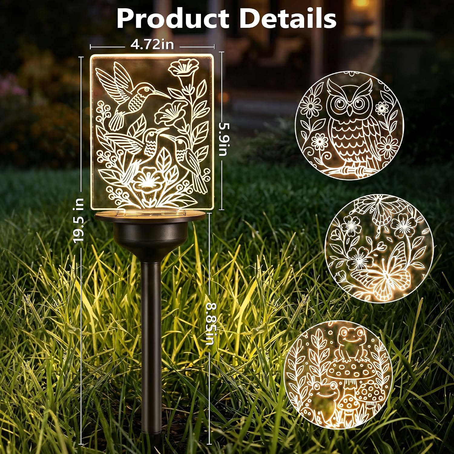 ODEETRONIC Solar Garden Lights, 4 Pack Solar Pathway Lights with Butterfly Frog Hummingbird Owl Pattern, Outdoor Landscape Lighting, Waterproof Acrylic Garden Stake Light for Yard Walkway, Warm White