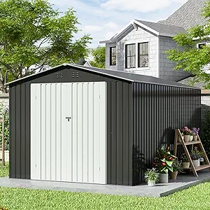 8x12 FT Outdoor Storage Shed, Large Metal Tool Sheds with Updated Frame Structure and Lockable Doors, Garden Shed for Backyard Garden Patio Lawn Grey, Gray, SS101