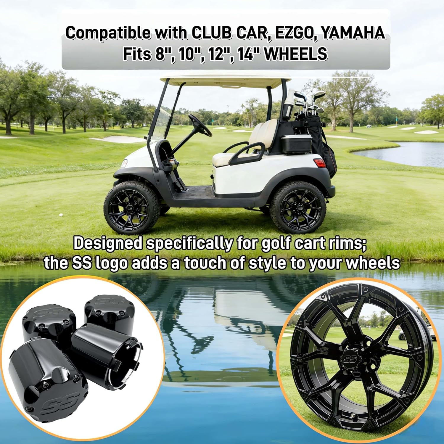Golf Cart SS Wheel Center Cap Cover, ITP Push in Style Wheel Hub Caps Dust Cover for EZGO Club Car Yamaha and Other Models 8,10,12,14 inch Wheel,4 PCS(Gloss Black with Black SS)