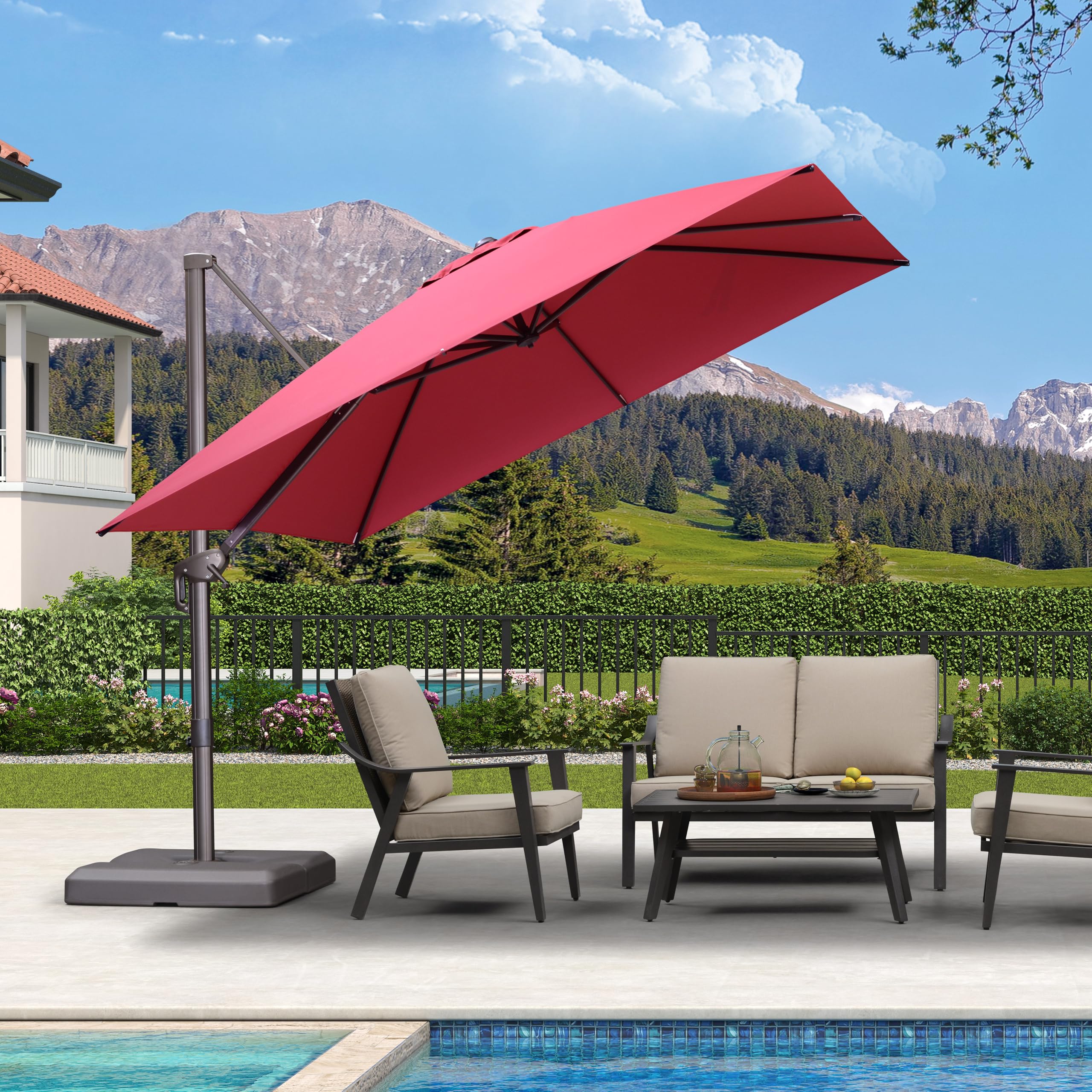 PURPLE LEAF 10 Feet Patio Cantilever Umbrella Square Outdoor Umbrella with 360° Rotation and Aluminum Offset Hanging for Garden Backyard Pool, Terra