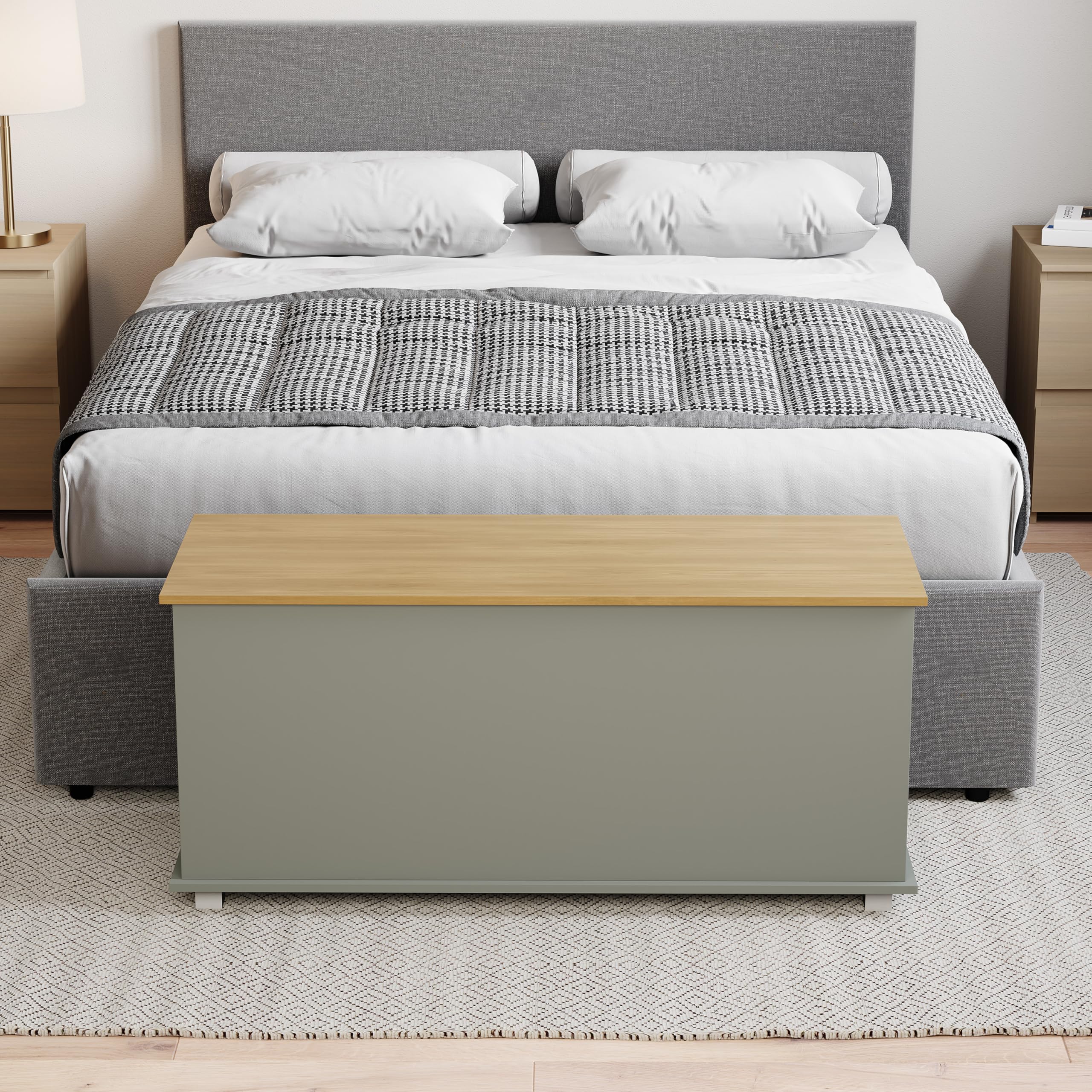 Vida Designs Otomana Arlington Storage, cómoda de madera con tapa, asiento, taburete, banco con ventana, mantas, ropa de cama, caja de juguetes, reposapiés, gris
