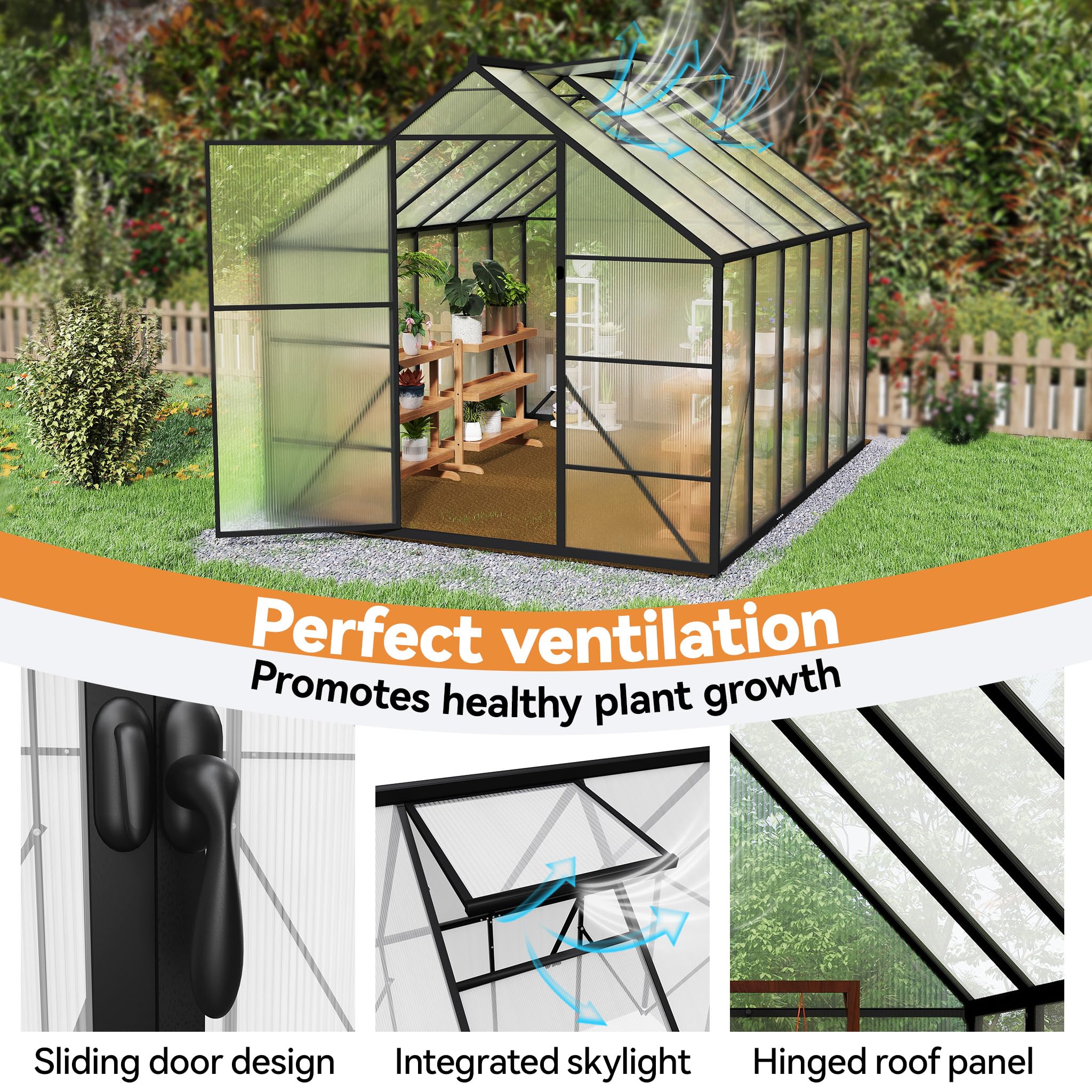 Gewächshaus Aluminium, Treibhaus mit Transparent PC Platten Dachfenster & Tür & Fundament, 125x180x195cm Winterfest Gartengewächshäuser, Begehbares Pflanzenhaus für Garten Outdoor