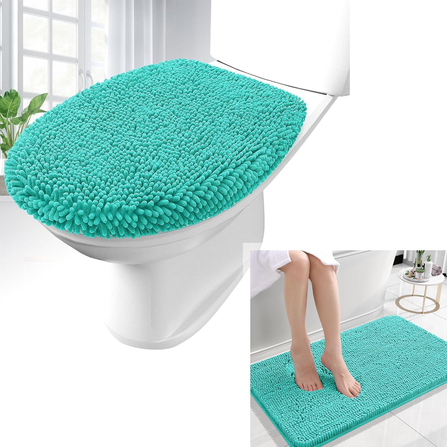 OLANLY Chenille Bath Rug and Bathroom Toilet Lid Cover, Bath Rug Size 24x16 and Bathroom Toilet Lid Cover Size 17.5x15 in Teal, 2 Item Bundle