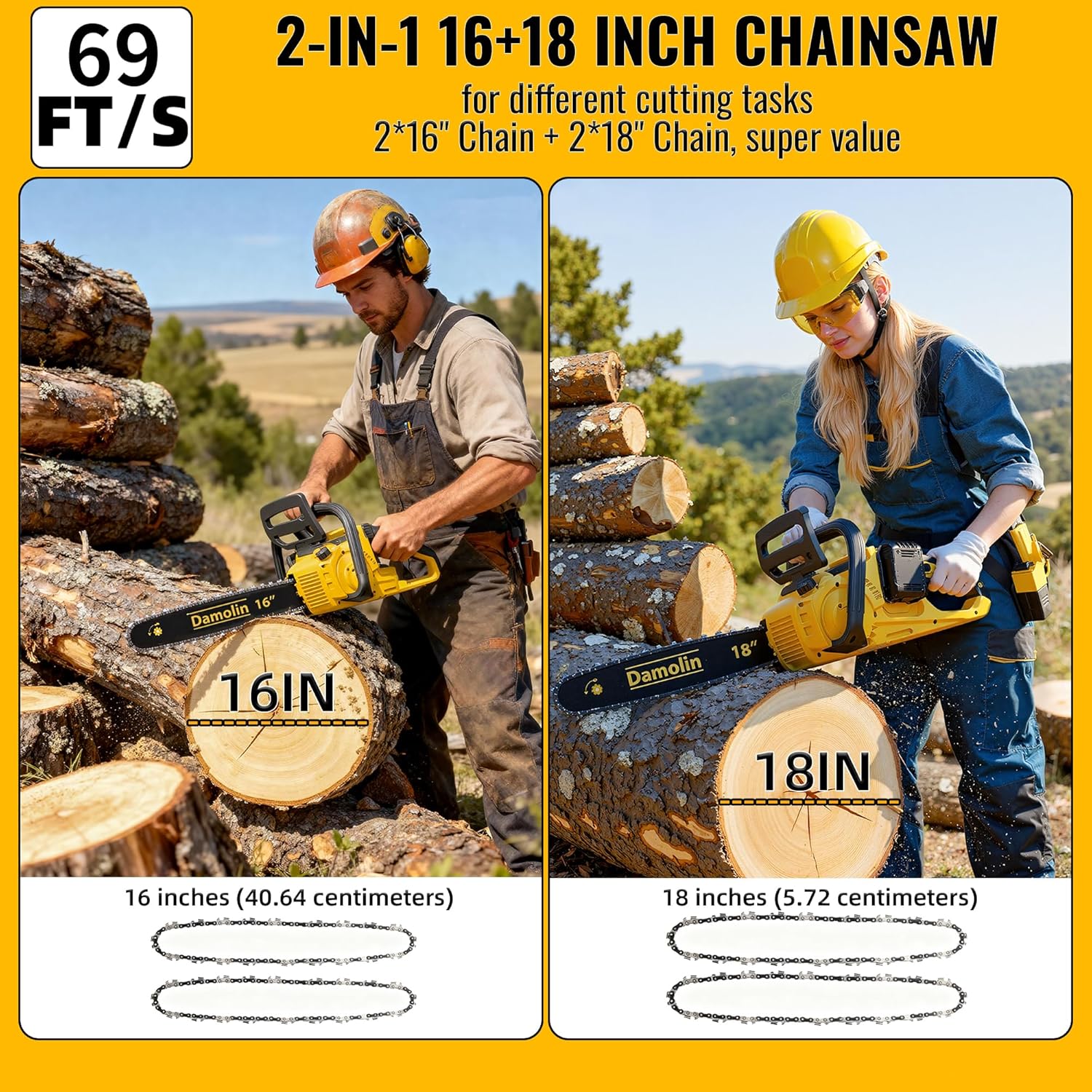 40V(20V*2) 16"+18" 2-IN-1 Brushless Chainsaw Cordless, Electric Powered Chainsaw Compatible with Dewalt Battery with Auto Oiler & Safety Lock Brake, for Tree Trimming Branch Wood Cutting(ONLY TOOL)