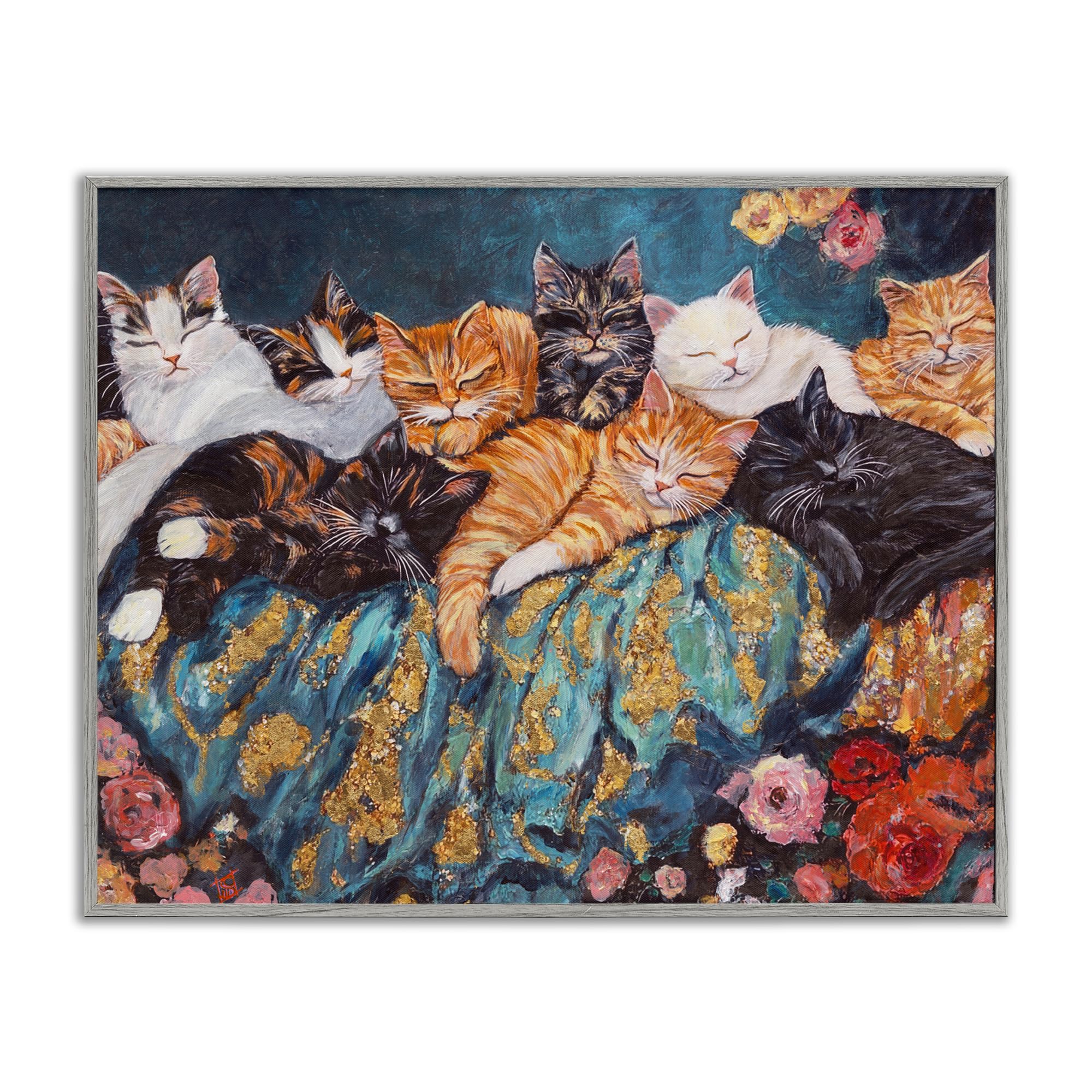 Chat endormi et fleurs grises par Sara Culpepper tableau déco salon Stupell