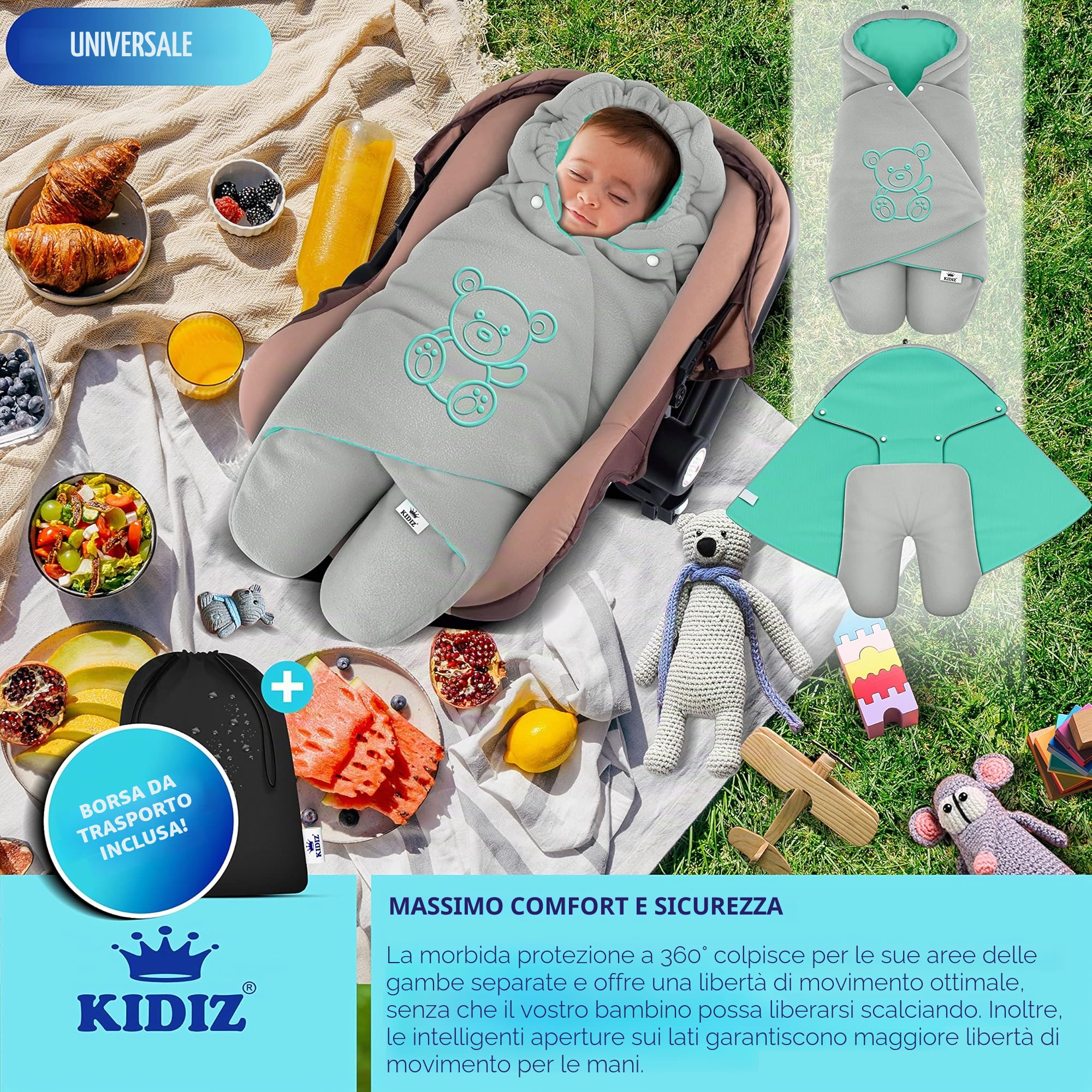 KIDIZ® Coperta invernale con cappuccio + borsa universale per ovetto, seggiolino auto, ad esempio per Maxi-Cosi, Römer per passeggino, passeggino e tutti i sistemi di cinture a 3 e 5 punti