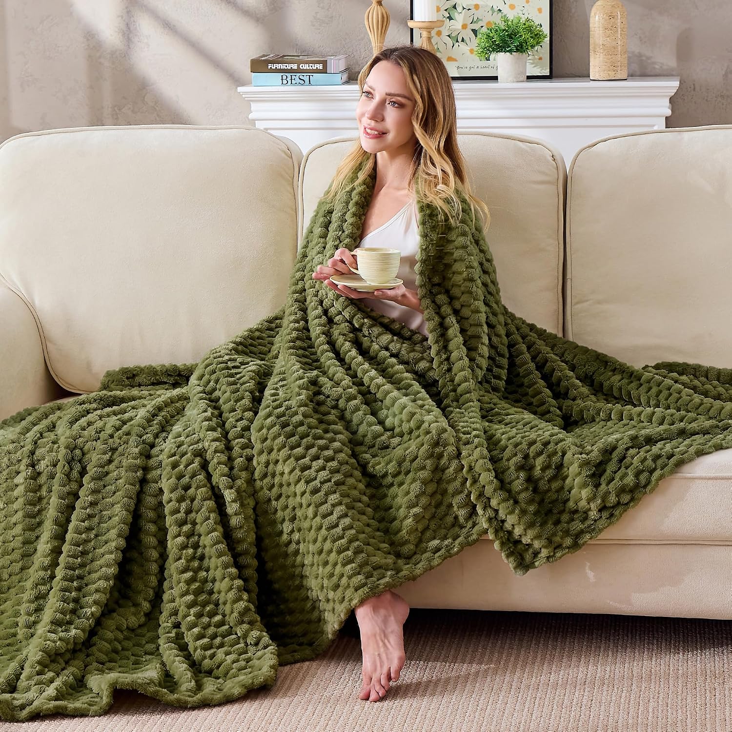 330GSM 3D Jacquard Throw Blanket for Couch, Olive Green, 50"x60"