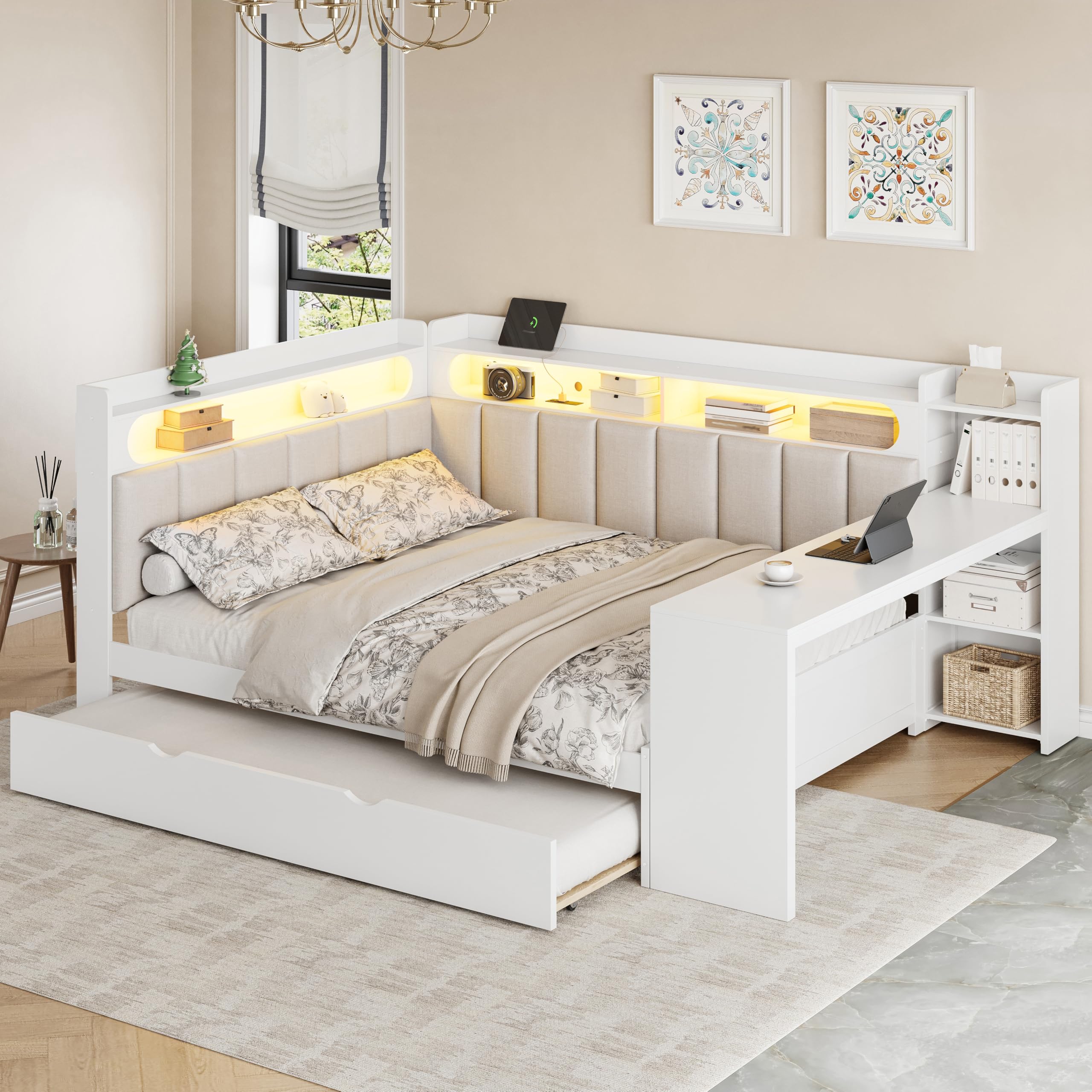 SOFTSEA Full Size Corner Bed with Trundle, Desk, LED Bookcase, and USB Ports