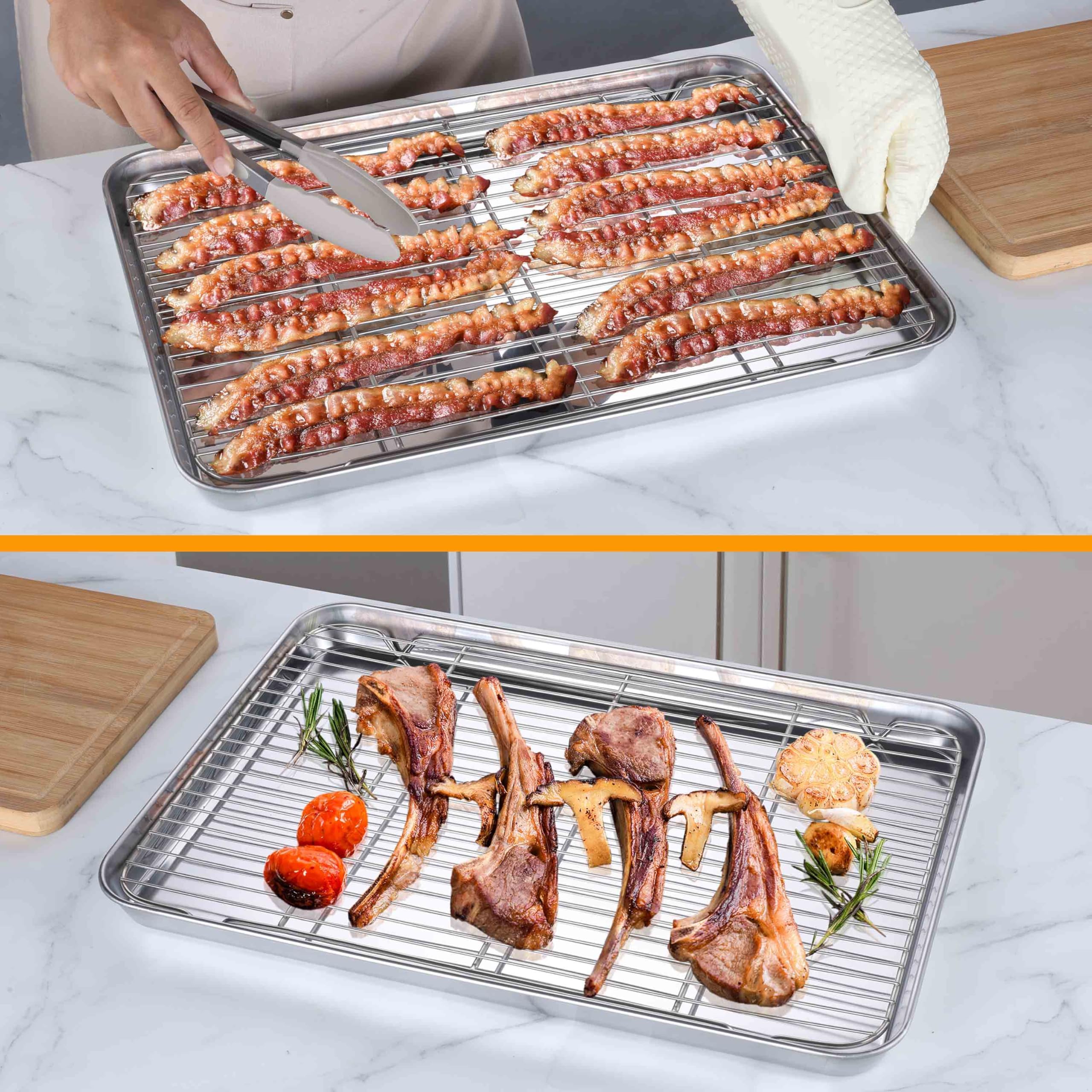 Homikit Backblechform mit Drahtkühlgitter, 50,8 x 35,6 cm, groß, antihaftbeschichtet, Edelstahl, Backbleche für Ofen, große Metall-Backformen, Speckformen zum Backen, Kochen, spülmaschinenfest, 2