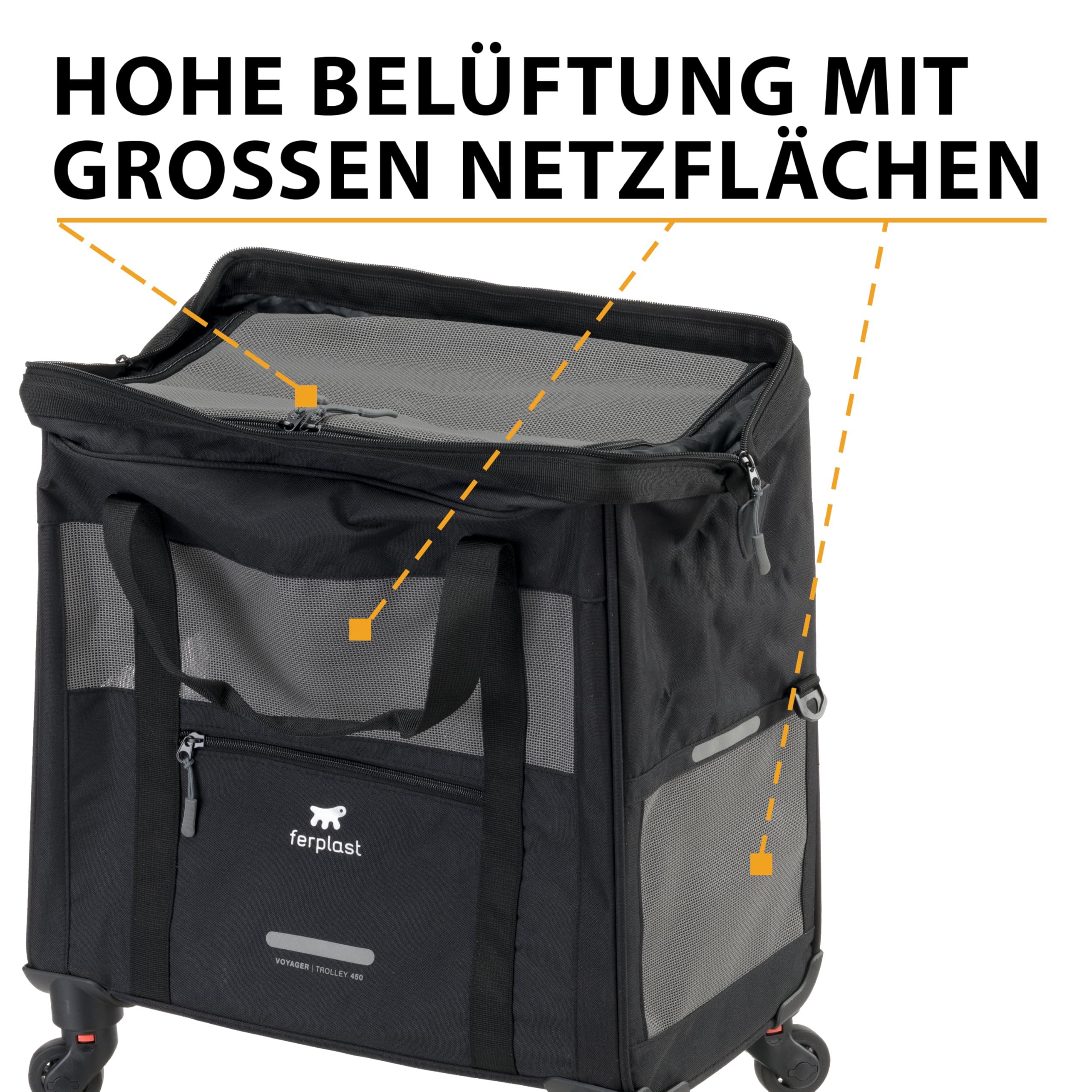 Ferplast Hundebox Voyager Trolley, Transportbox Katze, Hundetasche, ausziehbarer Griff, verstellbare Gurte, breite Öffnung, abnehmbare Räder, max. 15 kg, 46 x 26 x 48H cm, Schwarz