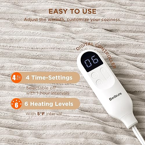 Vista 129 de Bedsure Manta eléctrica individual – Manta térmica de franela suave acanalada, manta térmica con 10 ajustes de tiempo, 6 ajustes de calor