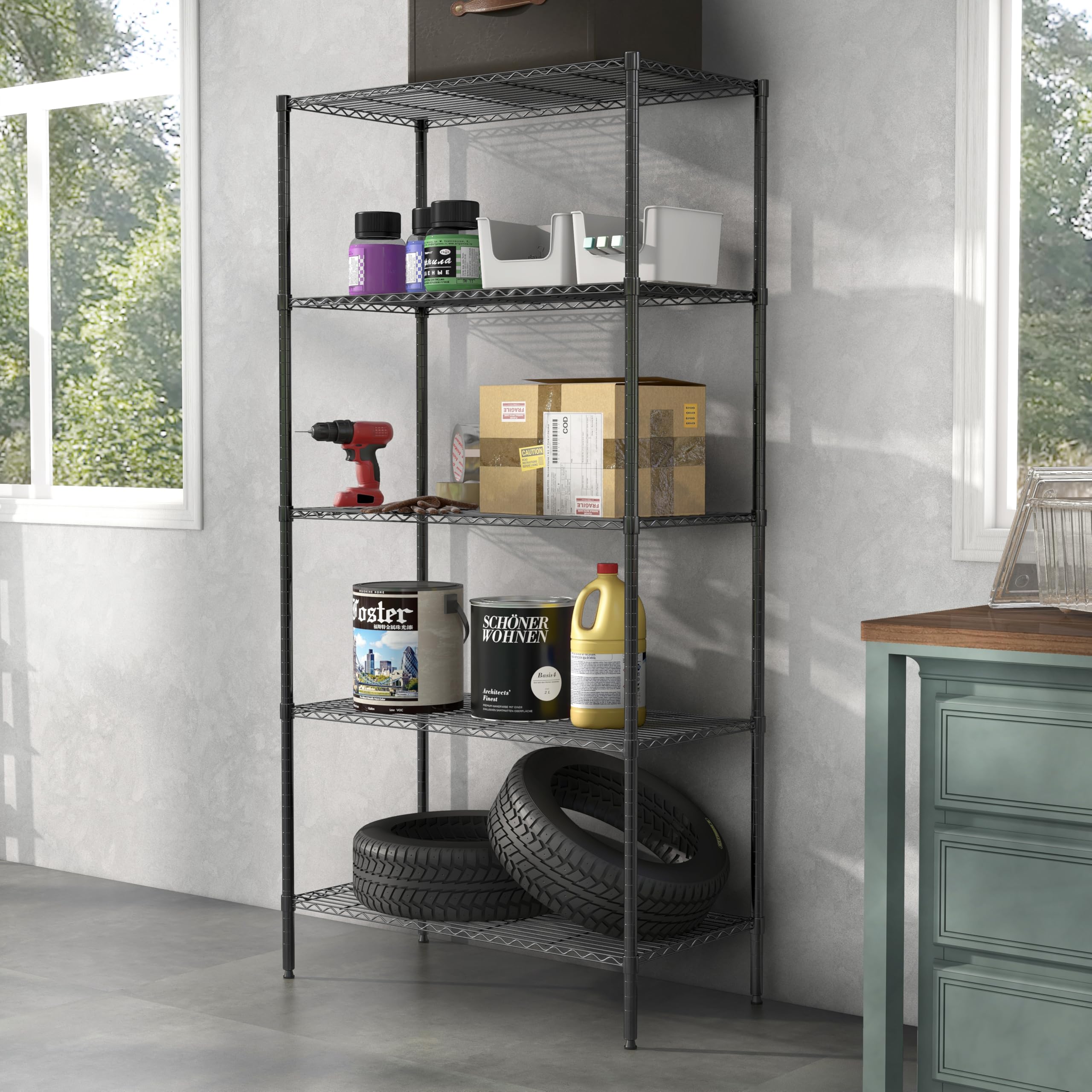 Furniture of America Upland Metallregal mit 5 Etagen, NSF-Zertifiziert, strapazierfähig, höhenverstellbar, Drahtregal für Küche, Büro, Garage, Keller, Waschküche, Schwarz