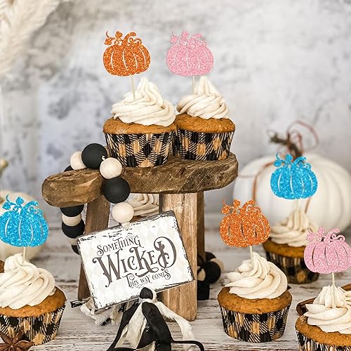 Miniatura 242 de 24 adornos de calabaza para cupcakes con purpurina para otoño, hojas, flores, calabaza, cupcakes, decoración de pasteles para Halloween, decoración