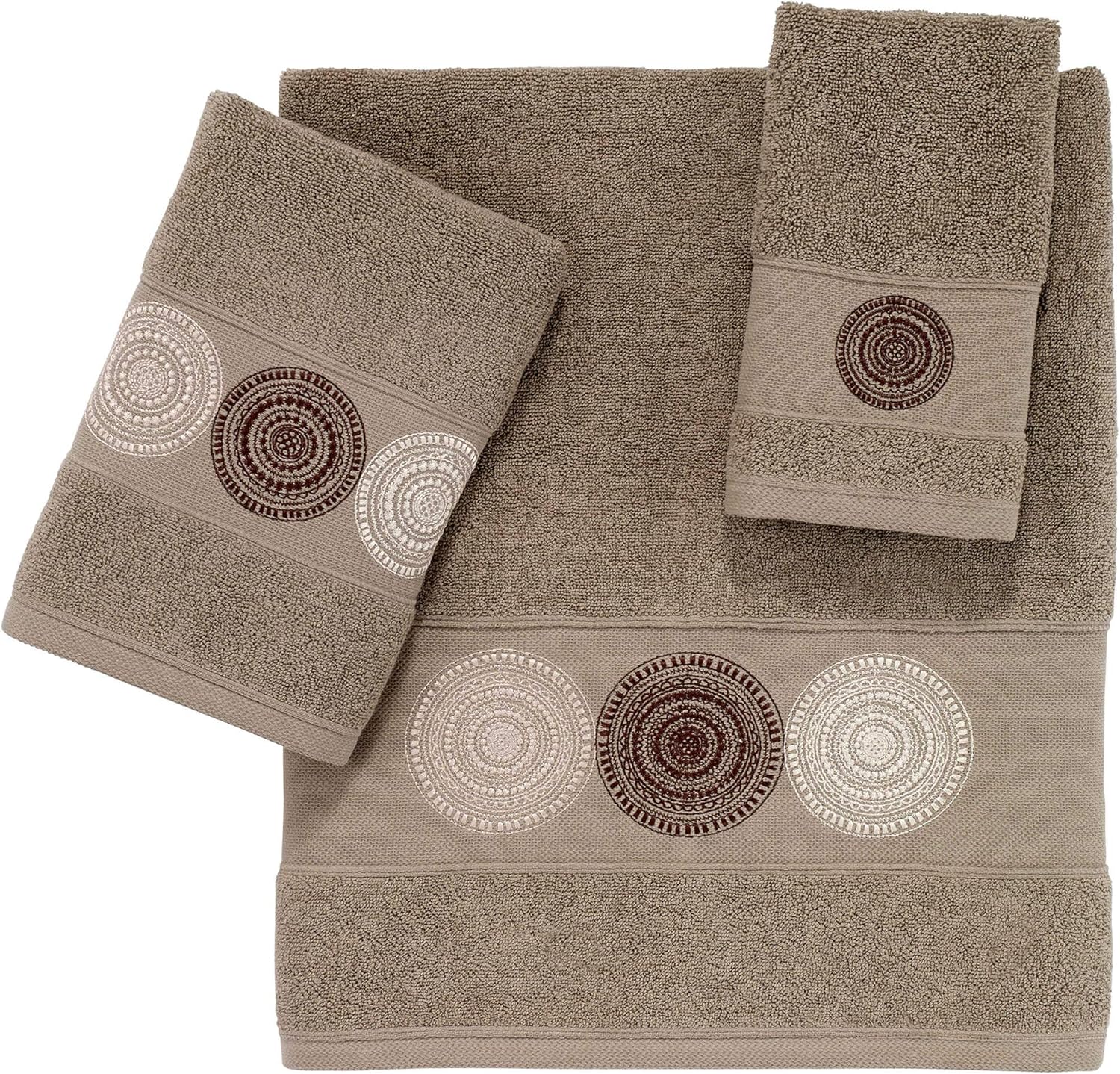 Marina Decoration Premium Luxury Decor Ultra Soft 100% Cotton Embroidered Bathroom Modern 3 Piece Towel Set, White Dark Brown Circles with Taupe Base Pattern