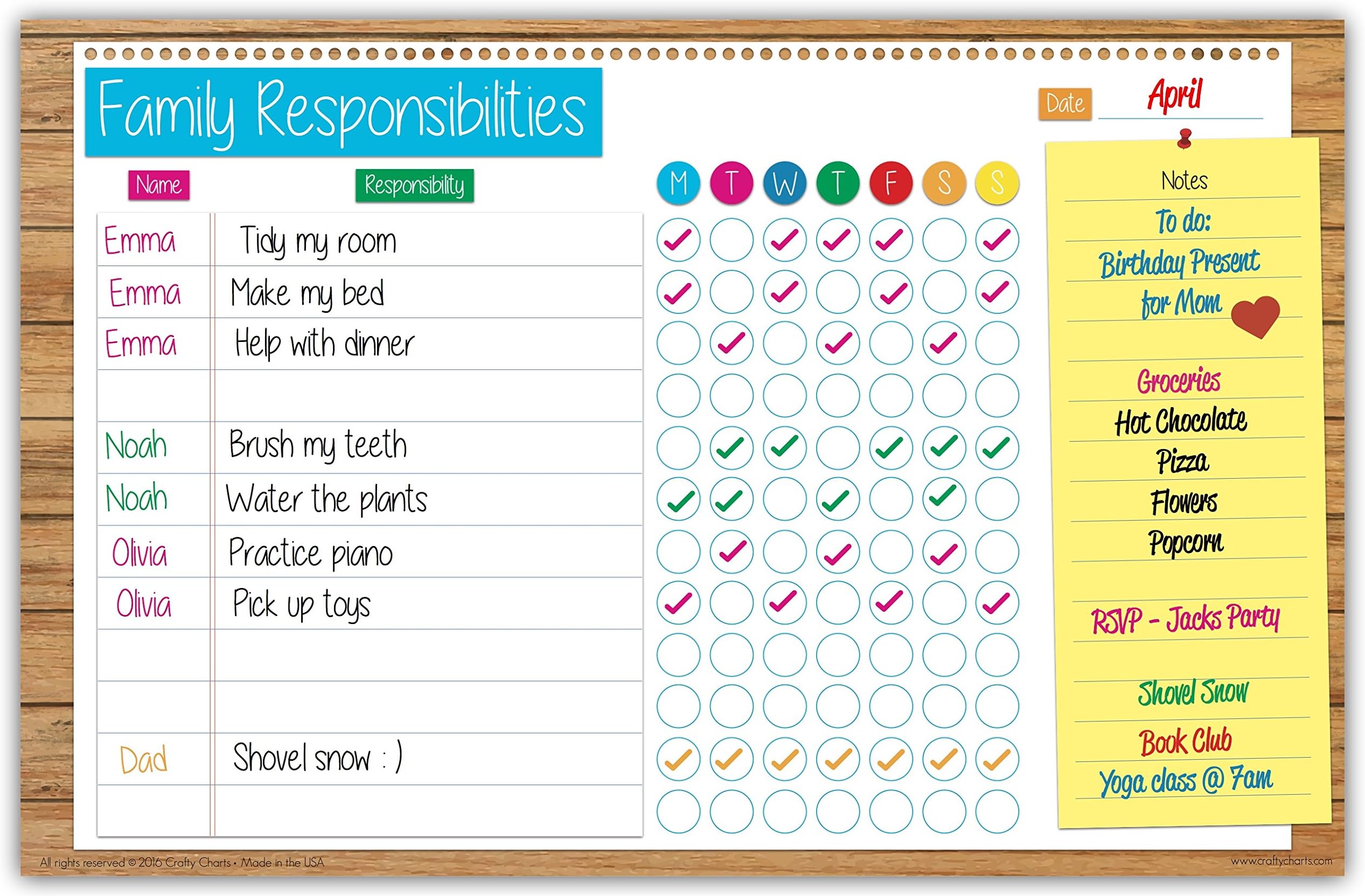 Family Planner Responsibility Chore Chart Dry Erase Poster Board | Weekly Calendar | For Wall & Refrigerator | Bright Fun Colors | FREE Marker Pen & Eraser (LARGE 17 inch x 11 inch) by Crafty Charts