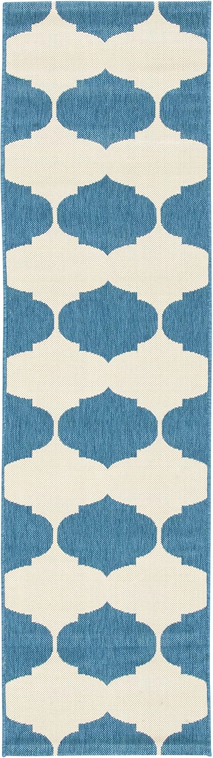 Reversible Beige & Blue Synthetic Flat Woven Indoor/Outdoor Runner Rug, 2'3" x 8'