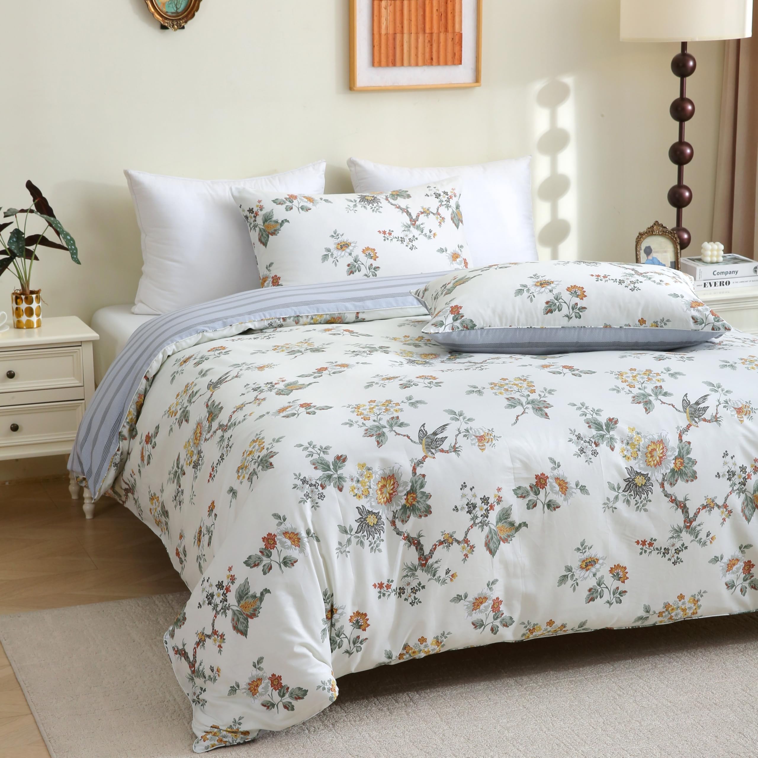 USTIDE King Cotton Floral Duvet Cover Set 3 Pieces Rustic Shabby French Bedding 1 Duvet Cover with 2 Pillowcases