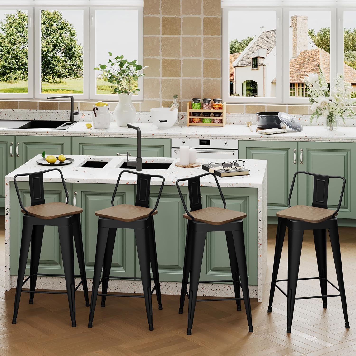 Andeworld Swivel Barstools Set of 4, 24 Inch Counter Height Metal Bar Stools with Wood Top, Low Back Barstools with Metal Leg and Footrest Bar Chair for Kitchen Island,Matte Black