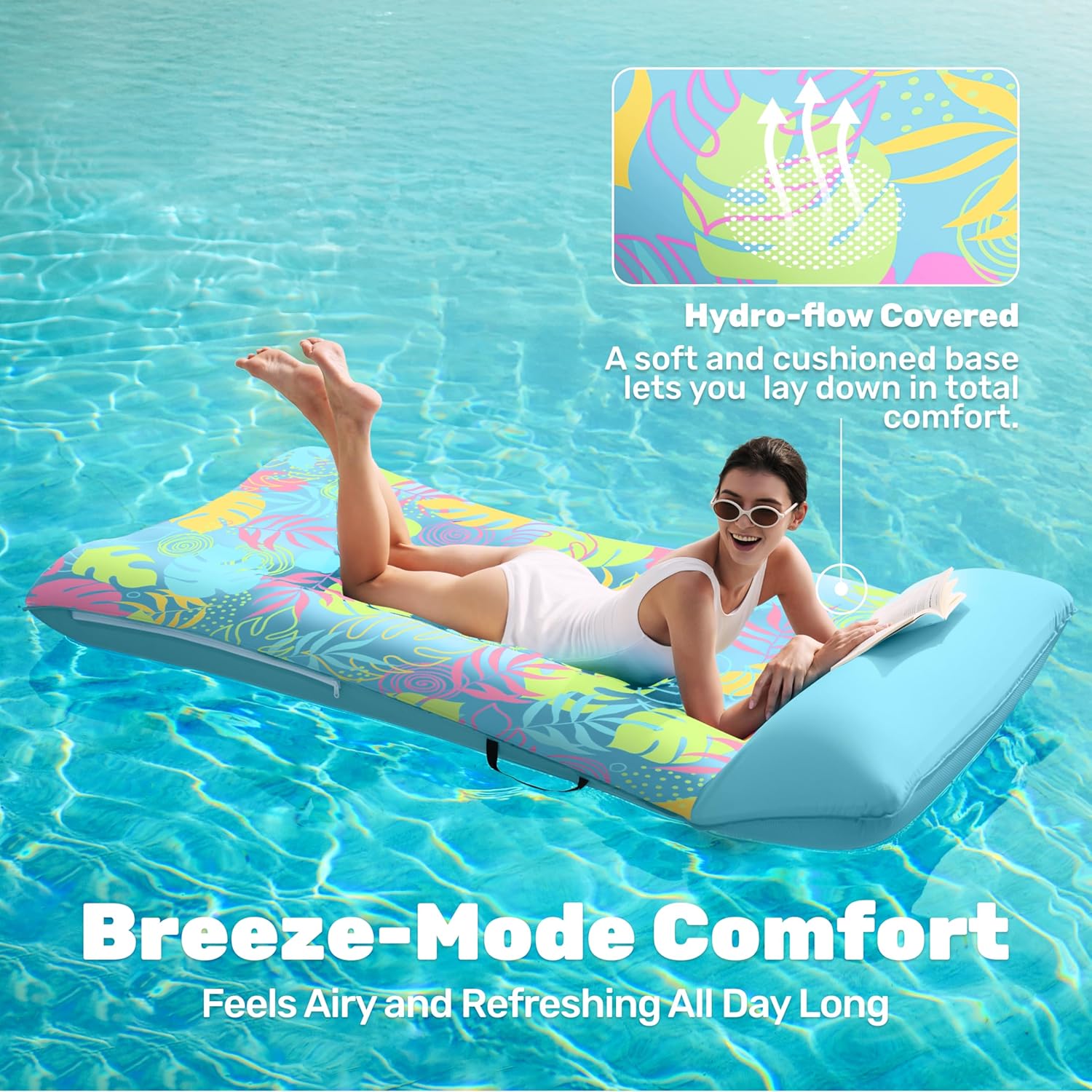 SLOOSH Inflatable Pool Floats Lounger - XL Fabric Covered Pool Mat Floaties for Adults, Ultra Comfort Water Floating Lounger with Headrest for Beach Lake Swimming Pool Float Raft 68"X34"