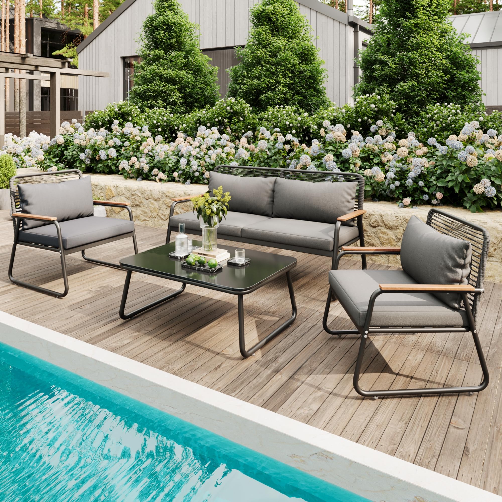 Salon de jardin 4 personnes en fer galvanisé table en verre trempé et coussins gris