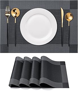 CADONO Placemats Set of 4 Washable Indoor/Outdoor Vinyl Place Mats for Dining Table Durable Non-Slip Heat Resistant PVC Weave Table Mats（Four-Corner-Black）