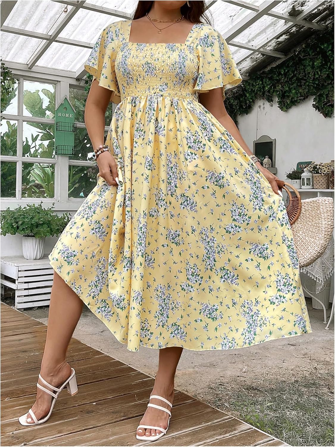 Floerns Women's Plus Size Floral Square Neck Flounce Short Sleeve A Line Maxi Dress - Image 5