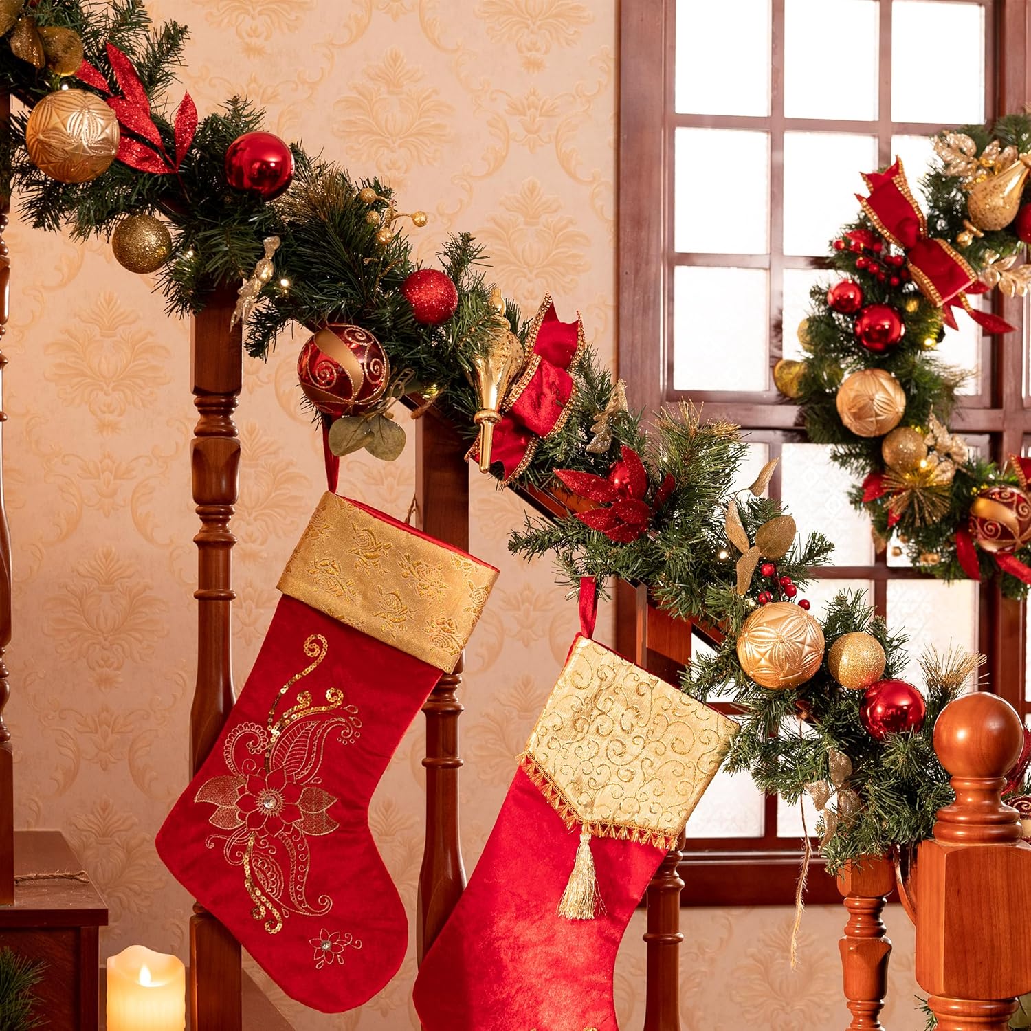 Valery Madelyn 6 Feet Pre-Lit Christmas Garland with Lights for Mantle, Lighted Outdoor Xmas Garland with Red Gold Ball Ribbons for Home Stairs Fireplace Table Centerpiece Indoor Holiday Party Decor